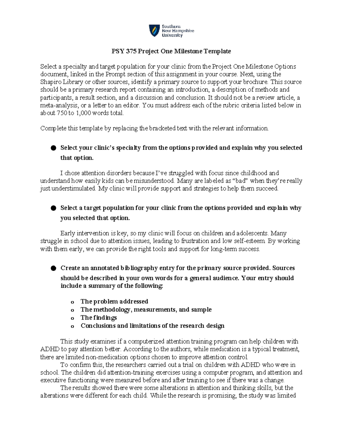 PSY 375 Project One Milestone: Attention Disorders & Interventions ...