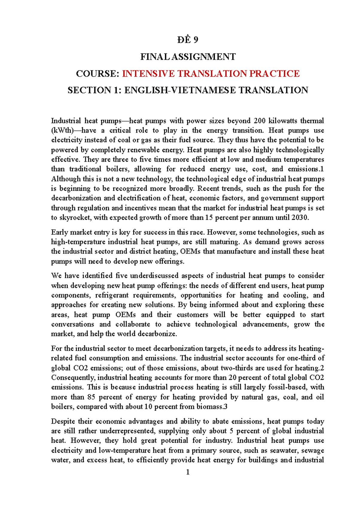 ĐỀ 9: FINAL ASSIGNMENT - INTENSIVE TRANSLATION PRACTICE - Studocu