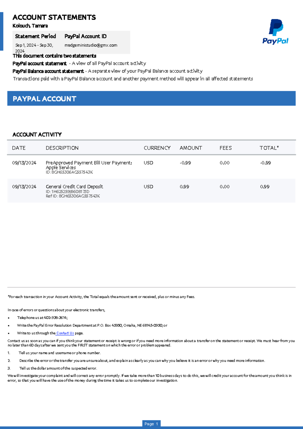 PayPal Account Statements: Activity Overview for Sep 2024 - Studocu