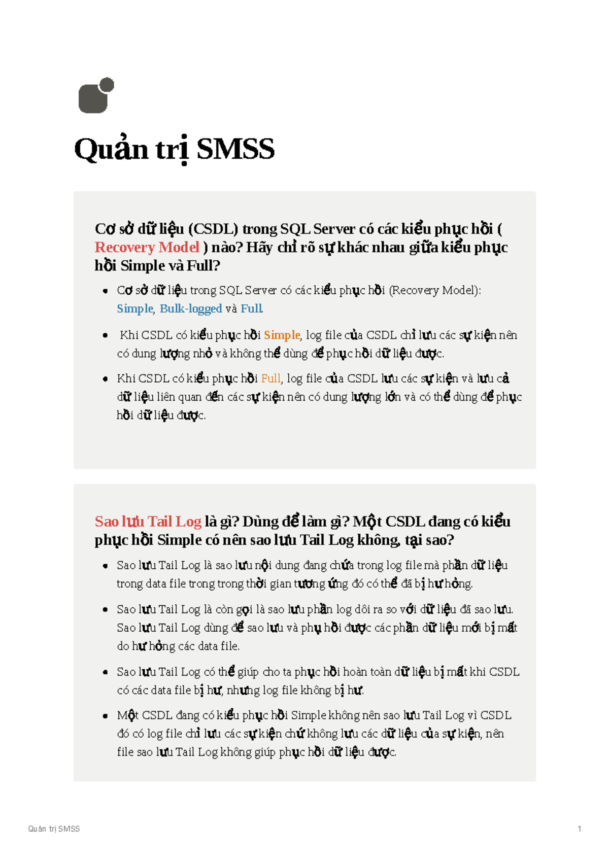 Quản trị Database và Recovery Models trong SQL Server - Ssms 123 - Studocu
