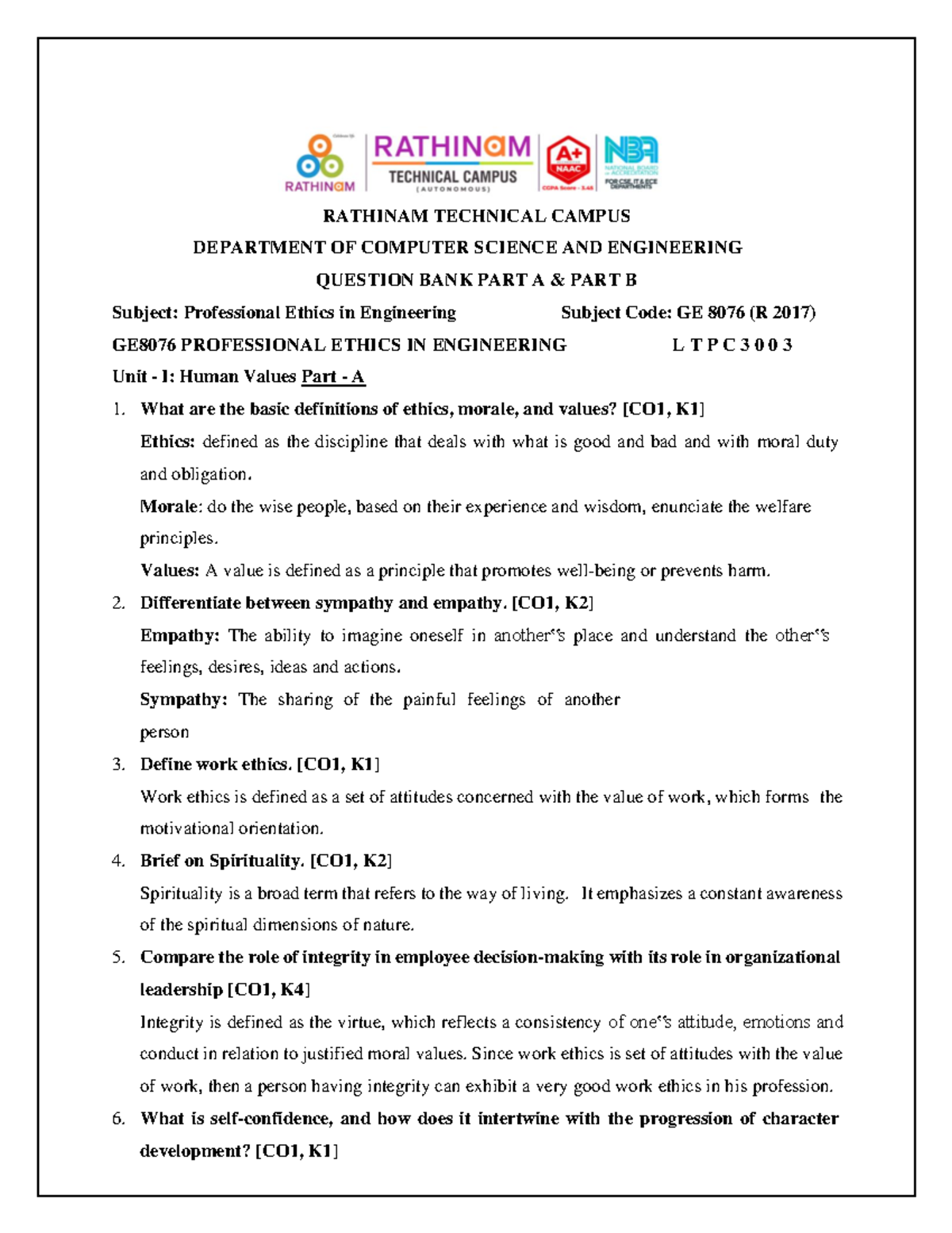 GE8076 - Professional Ethics in Engineering Question Bank (Final Exam ...