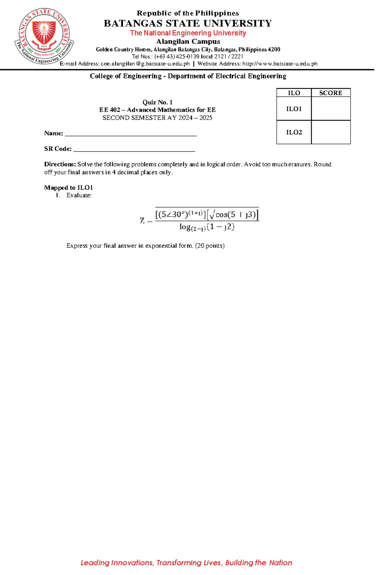 EE 402 Quiz No. 1: Advanced Math for EE - Second Sem AY 2024-2025 - Studocu