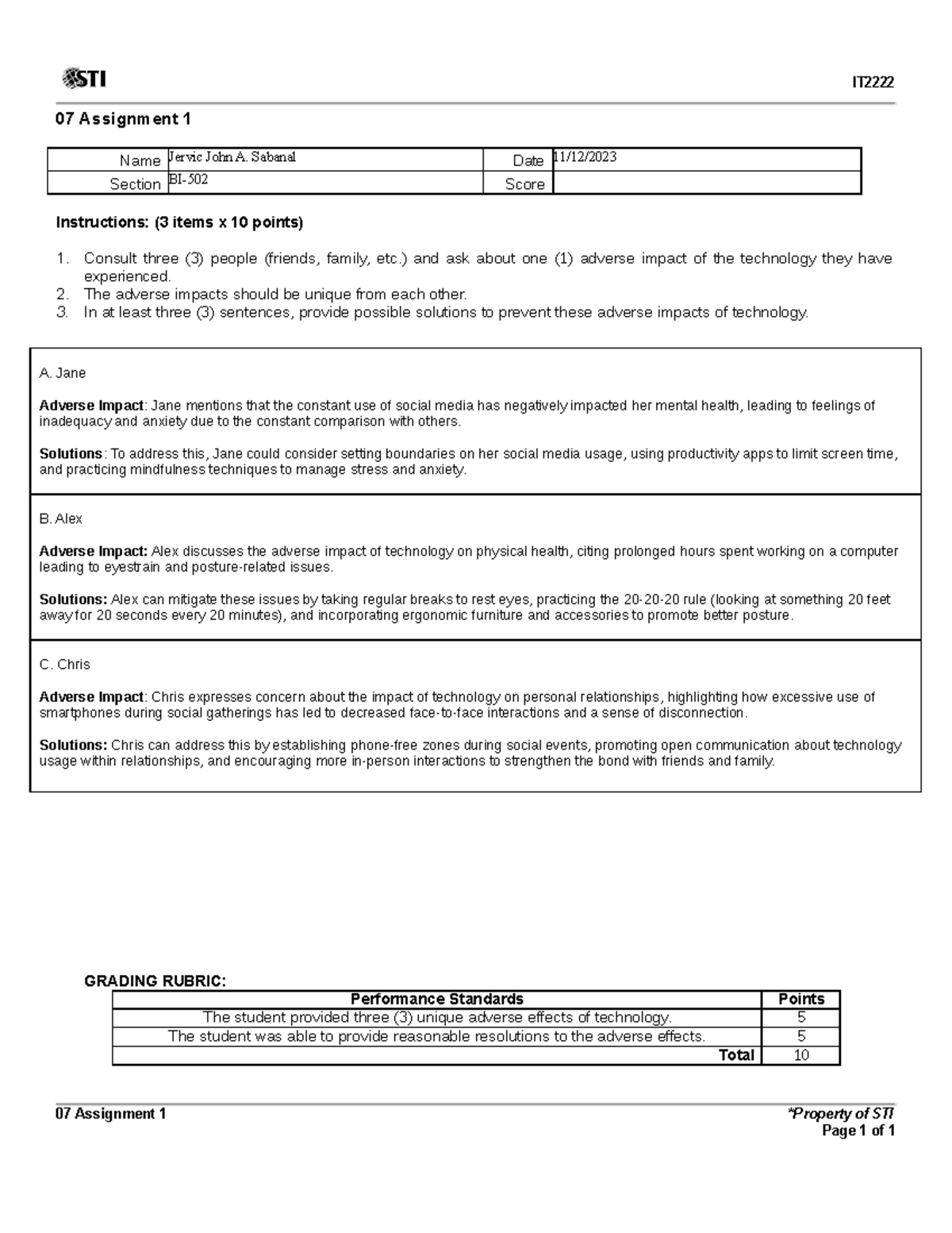 07 Assignment 1: Analyzing Adverse Impacts of Technology (BI-502) - Studocu