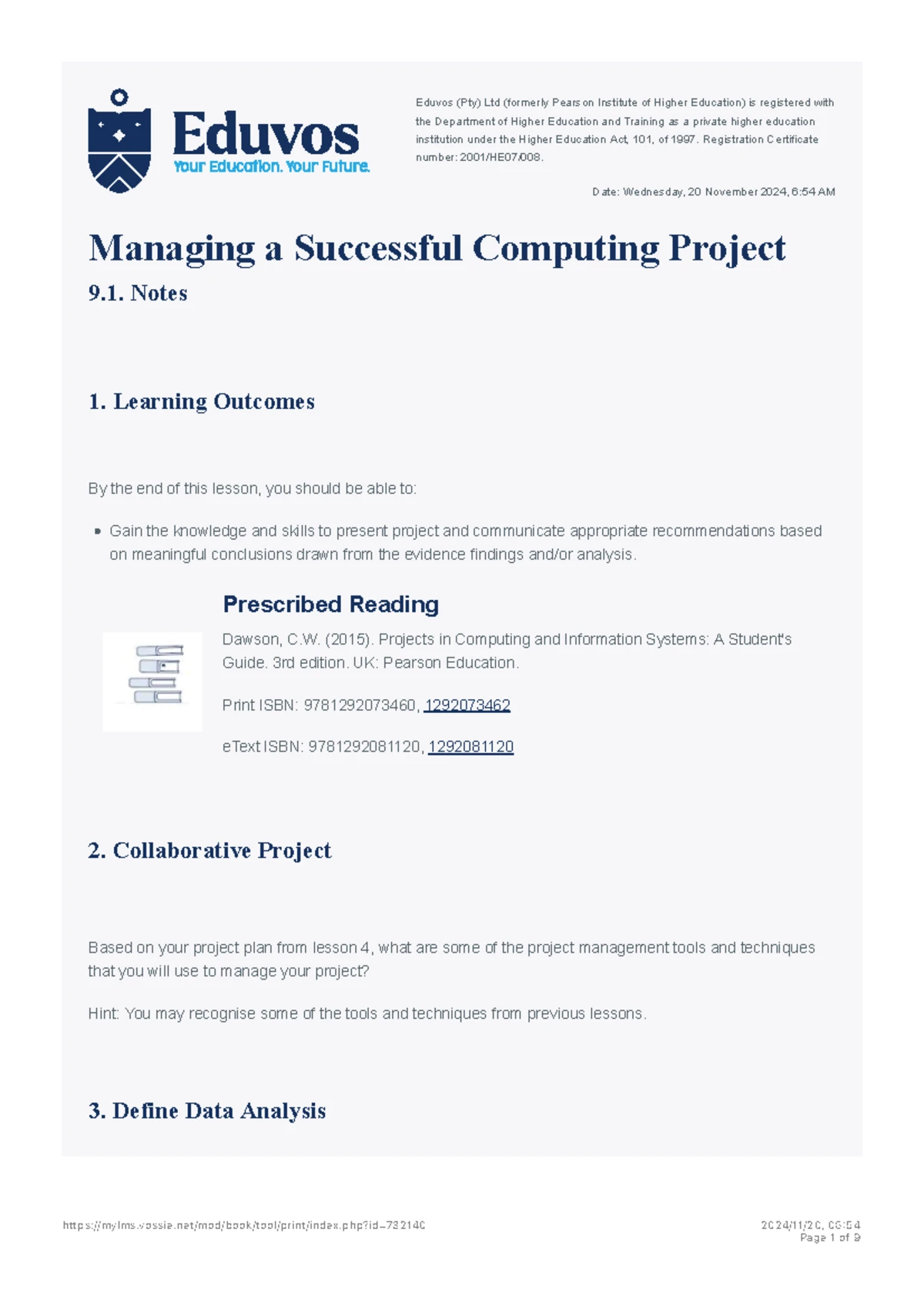 Eduvos (Pty) Ltd: Managing a Successful Computing Project 11.1 Notes ...
