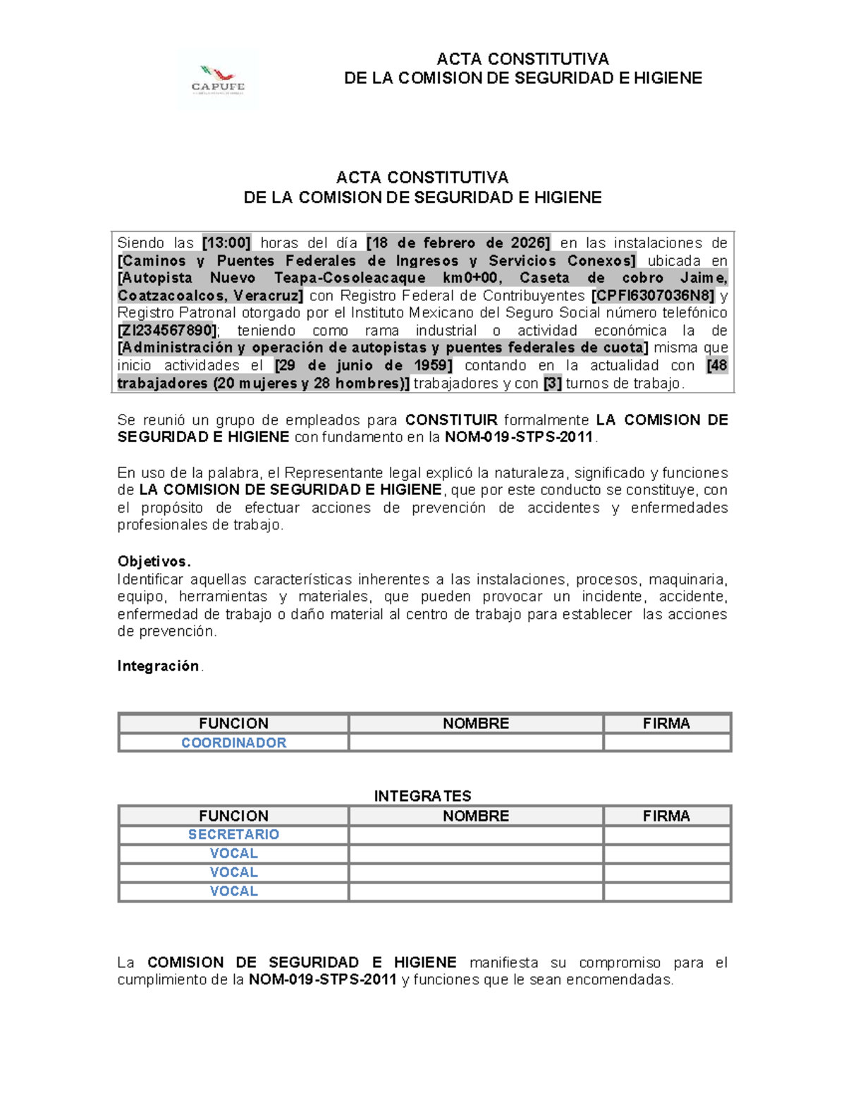 ACTA CONSTITUTIVA DE LA COMISION DE SEGURIDAD E HIGIENE - CAPUFE - Studocu
