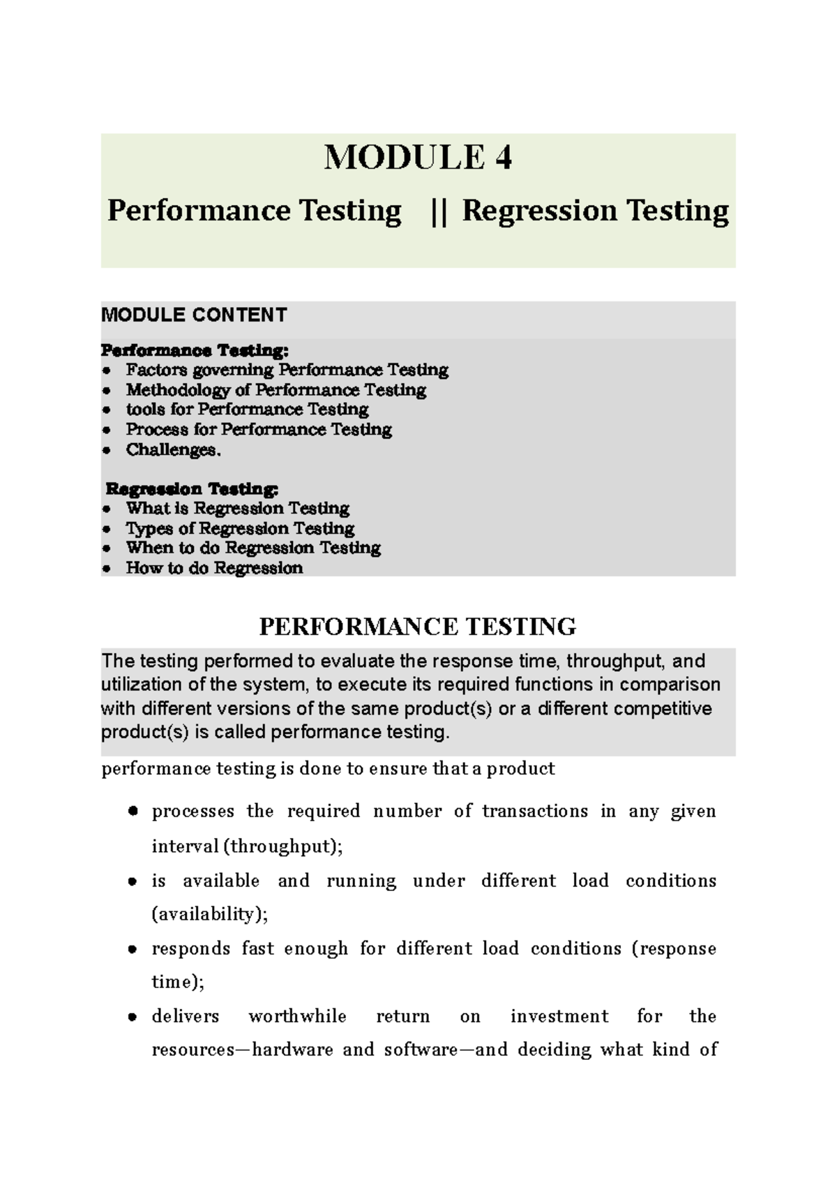 Module 4: Performance & Regression Testing Overview - Studocu