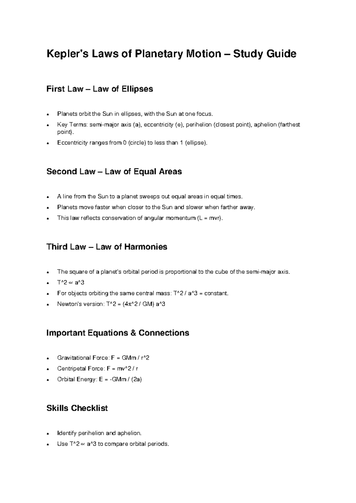 Kepler's Laws of Planetary Motion Study Guide - Studocu