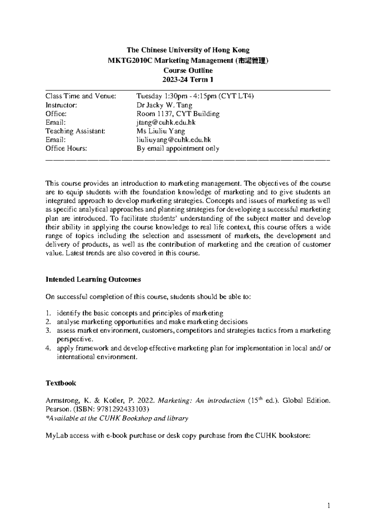 MKTG2010C Marketing Management Course Outline - Term 1 Details - Studocu