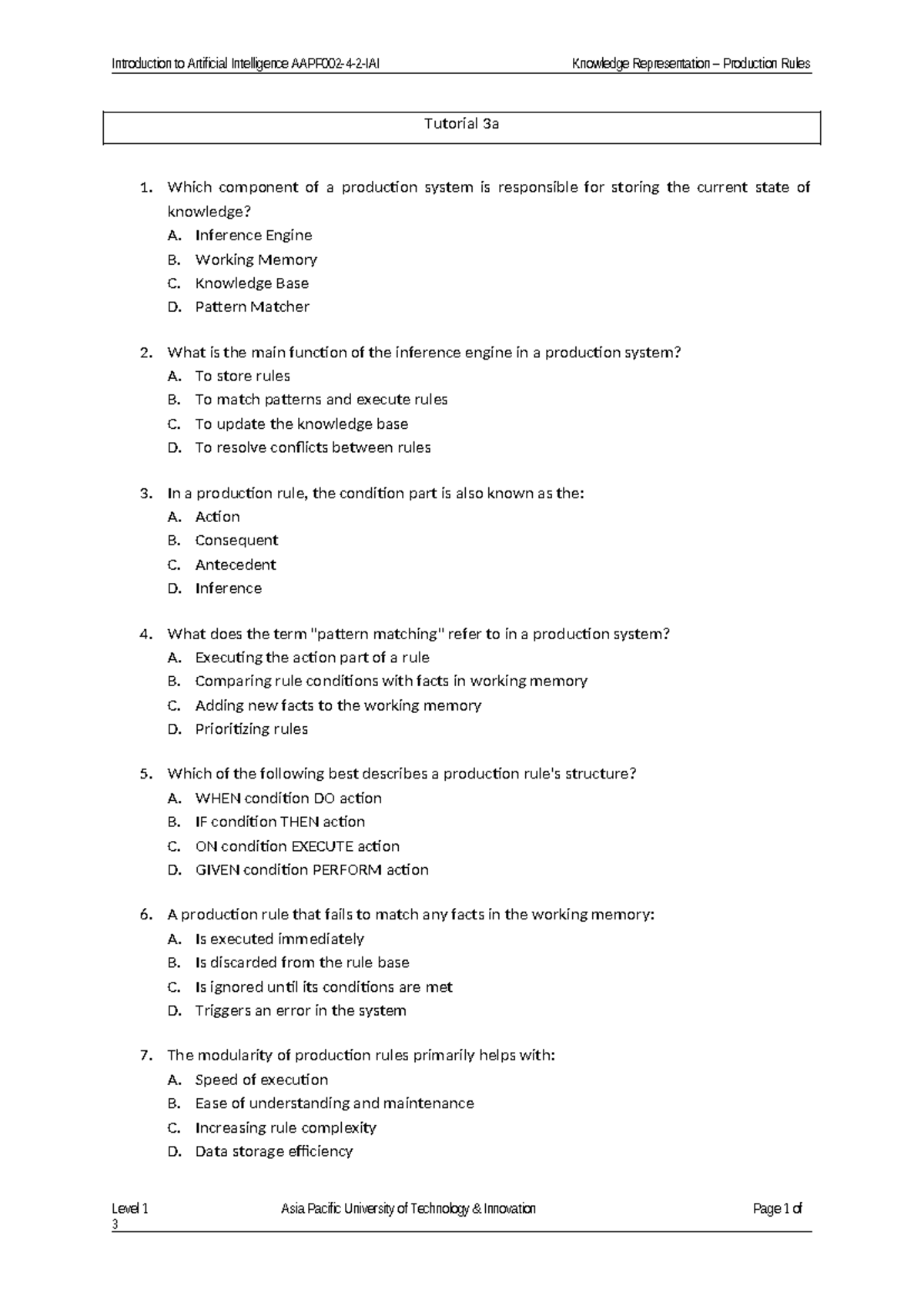 AI 101: Tutorial 3a - Knowledge Representation & Production Rules - Studocu