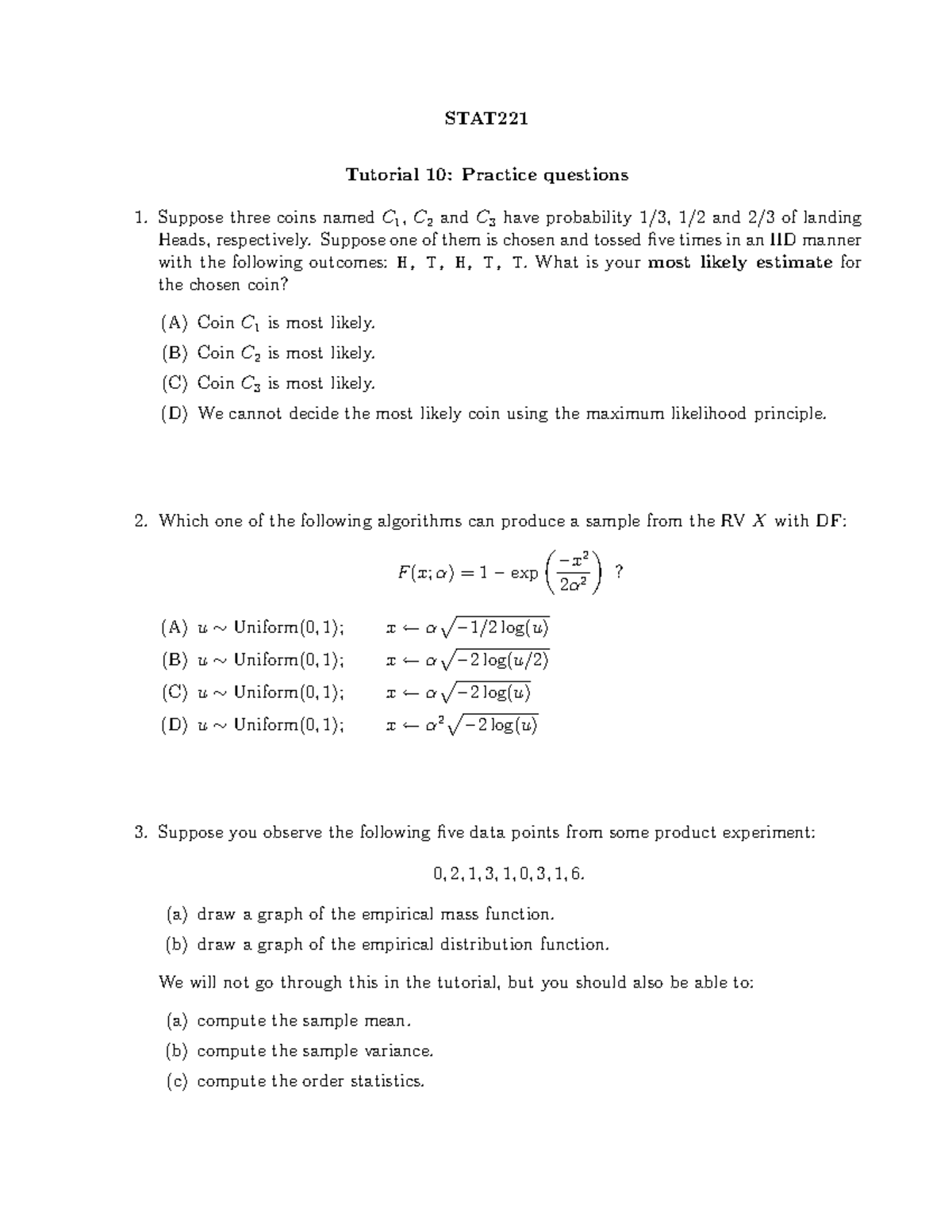 STAT221 2010 Tutorial 10: Practice Questions & Solutions - Studocu