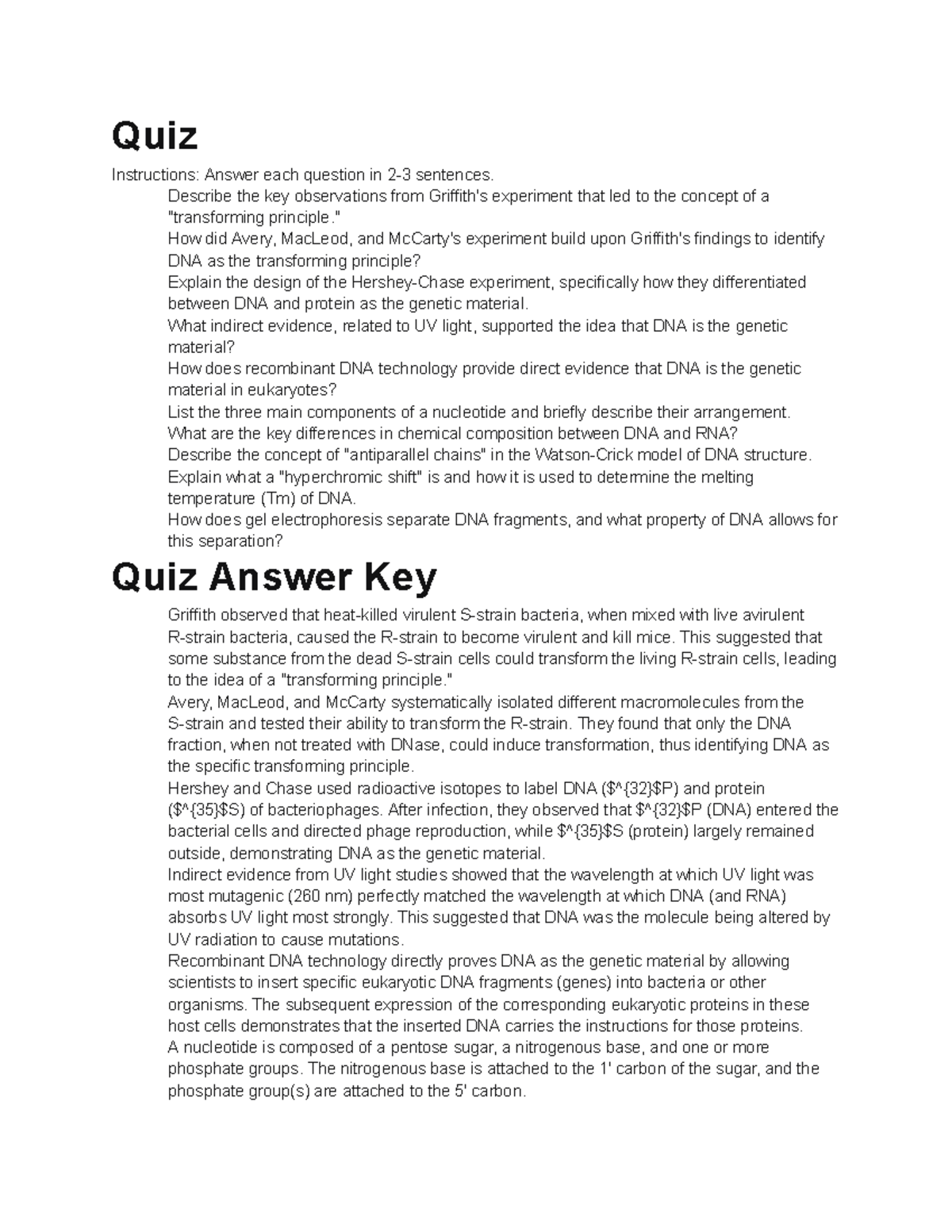 Quiz Instructions: Key Concepts in DNA and Genetic Material - Studocu