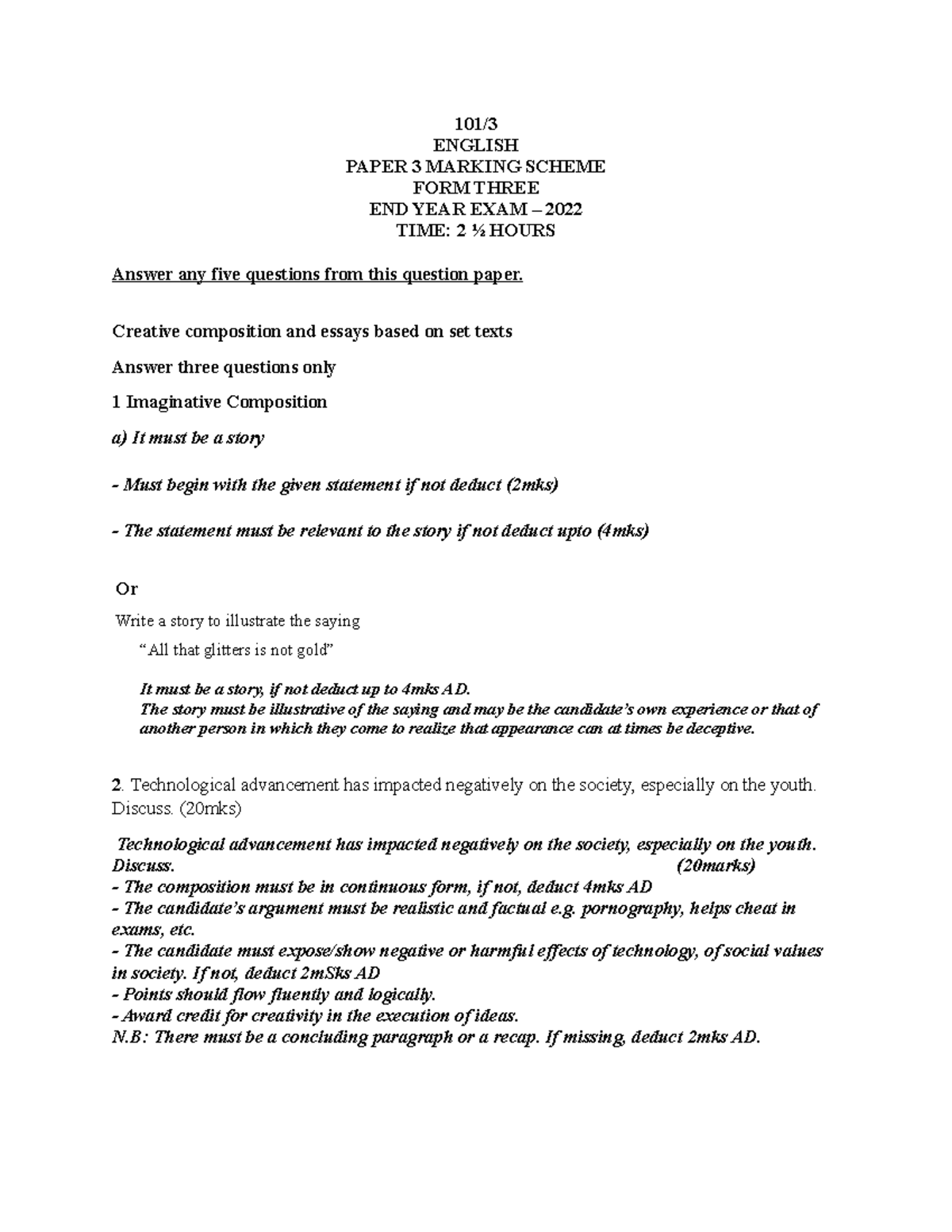 ENG F3 PP3 MS - PAPER 3 ESSAY QUESTIONS MARKING SCHEME 2022 - Studocu