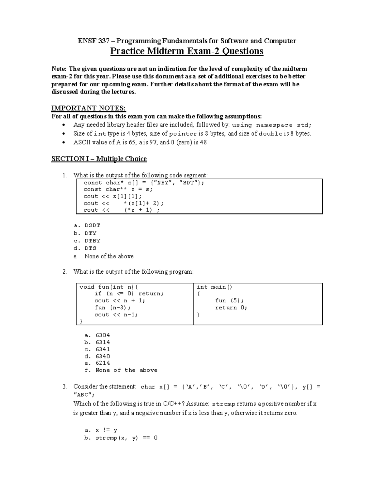 ENSF 337 Programming Fundamentals Practice Midterm Exam 2 Questions ...