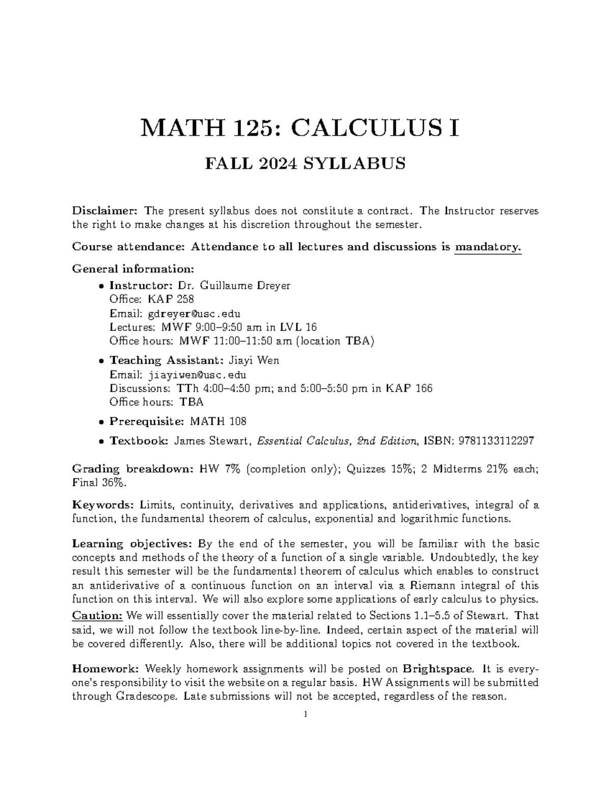 MATH 125: Calculus I Fall 2024 Syllabus and Course Details - Studocu