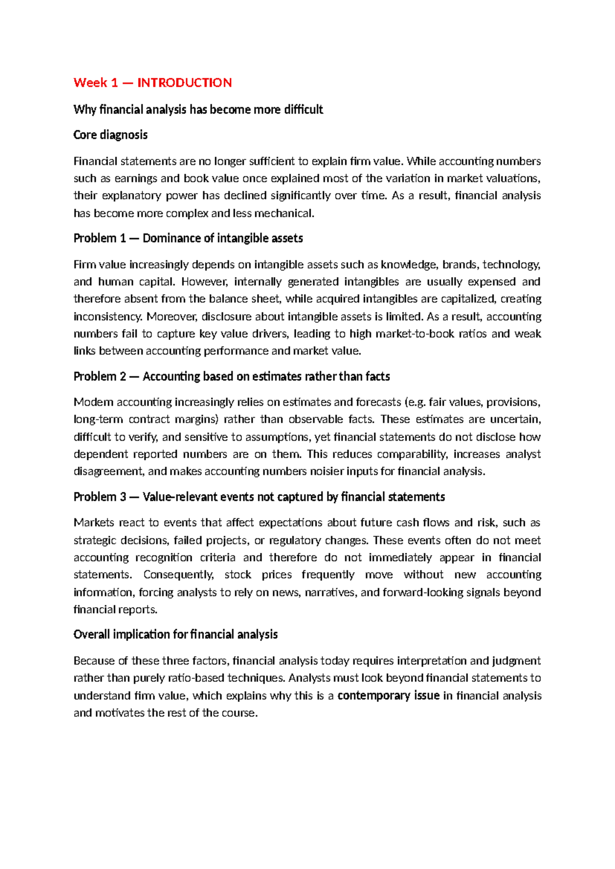 Revision Notes for Financial Analysis (FIN 101) Weeks 1-5 - Studocu