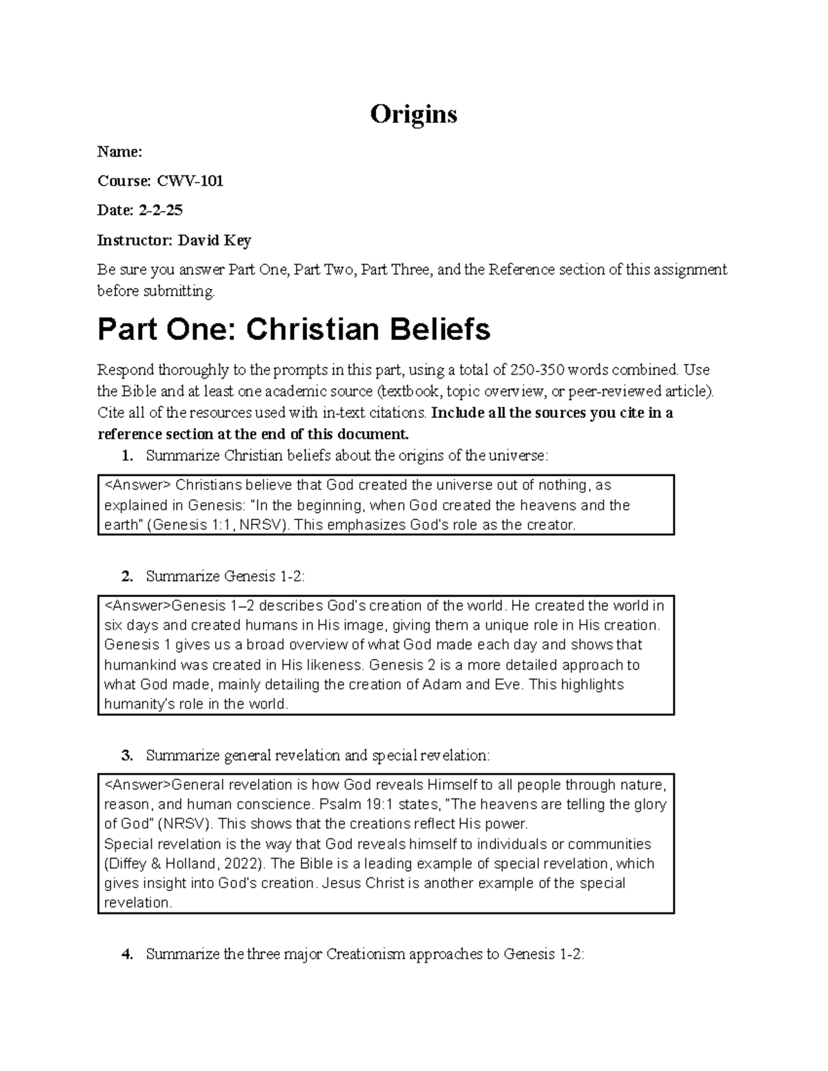 Origins: Understanding Christian Beliefs - CWV-101 Assignment - Studocu
