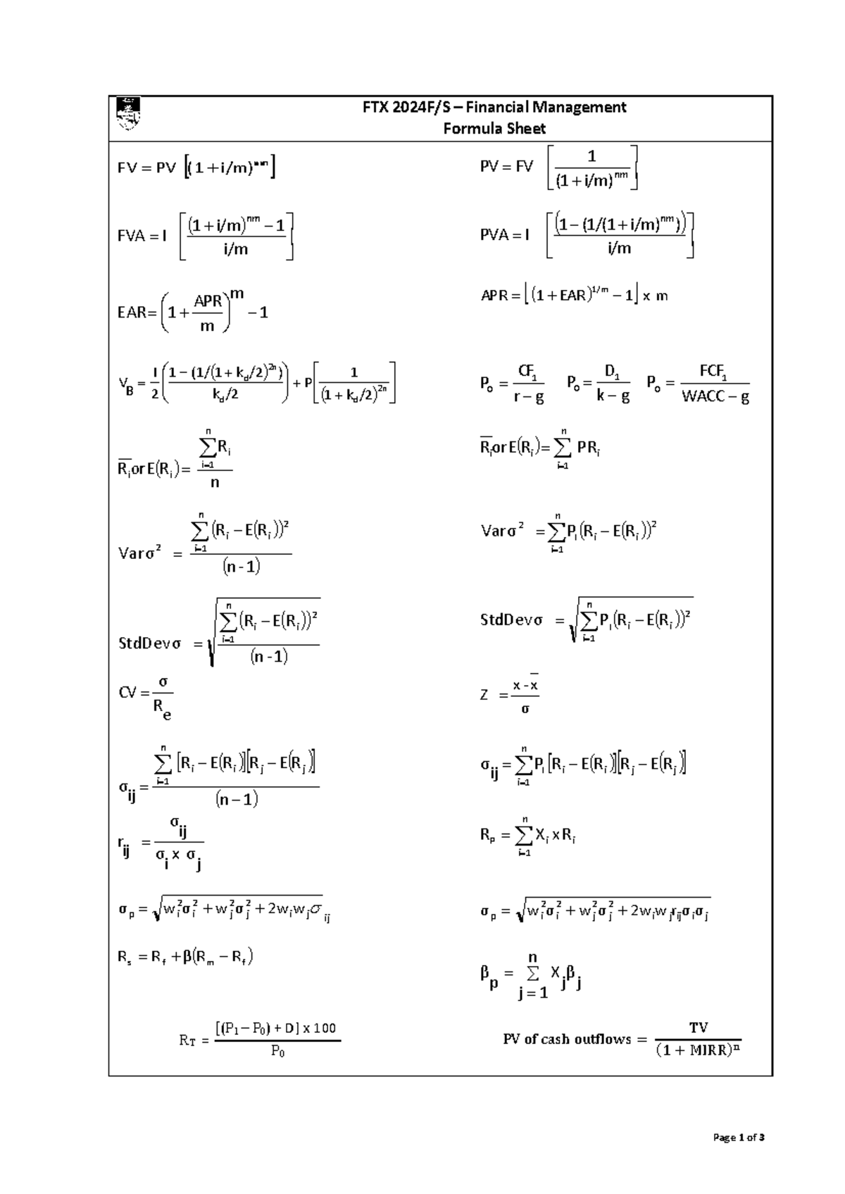 *Formula Sheet - Page 1 of 3 FTX 2024F/S – Financial Management Formula ...