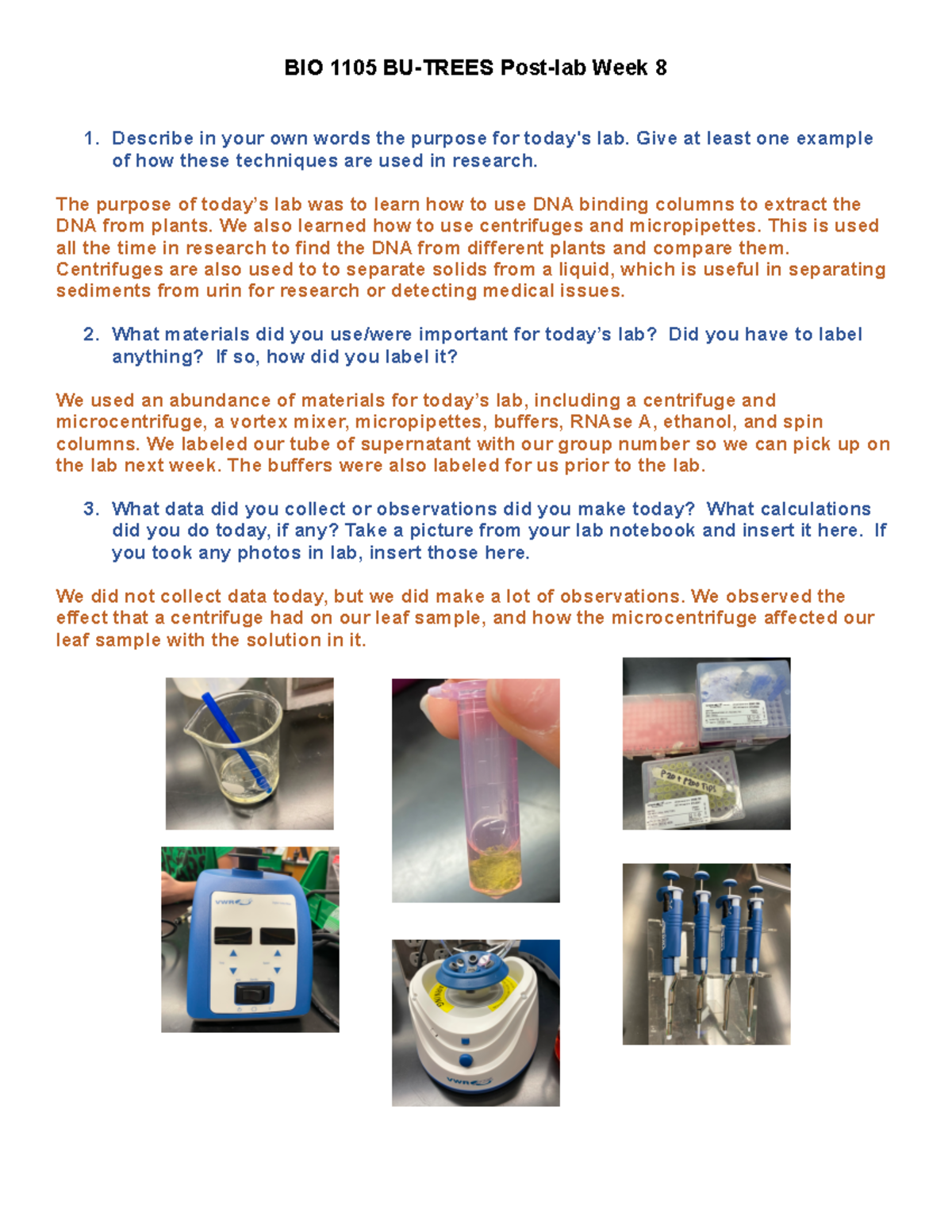 BIO 1105 Post-Lab Week 8: DNA Extraction Techniques & Observations ...