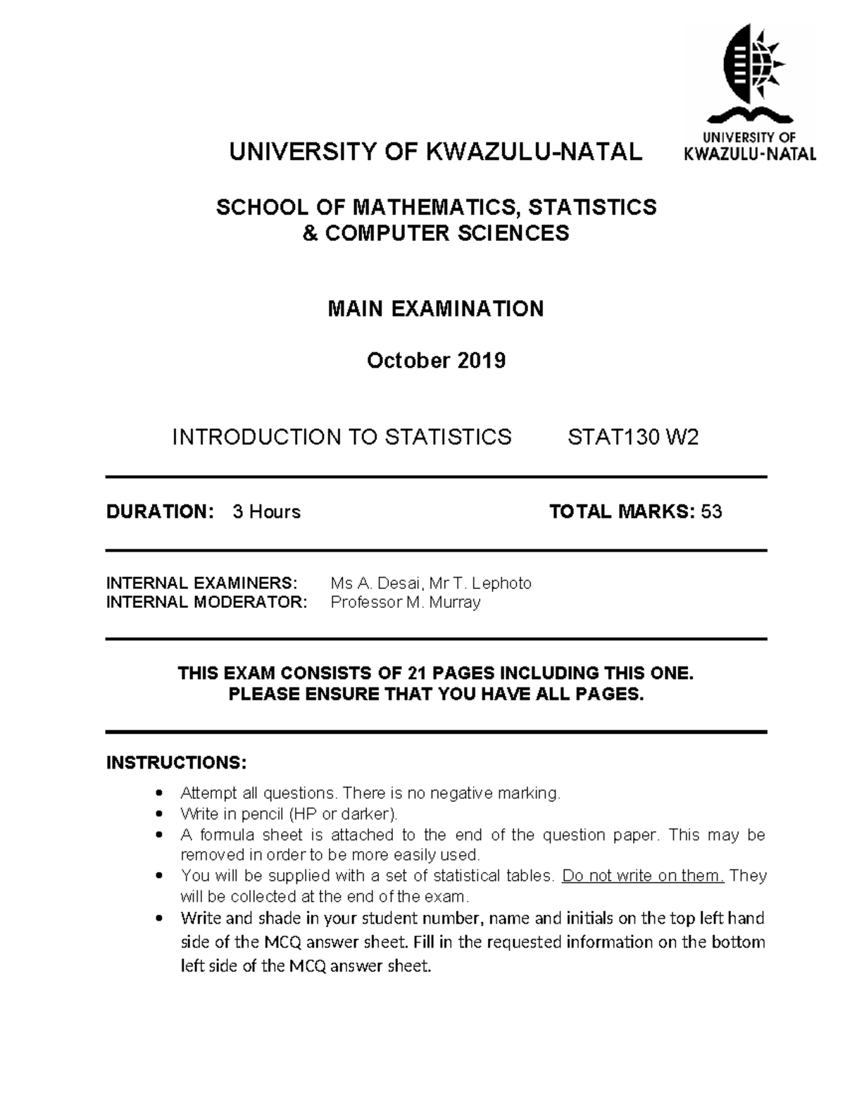 2019 Sem 2 Main Exam: STAT130 W2 - Introduction to Statistics - Studocu