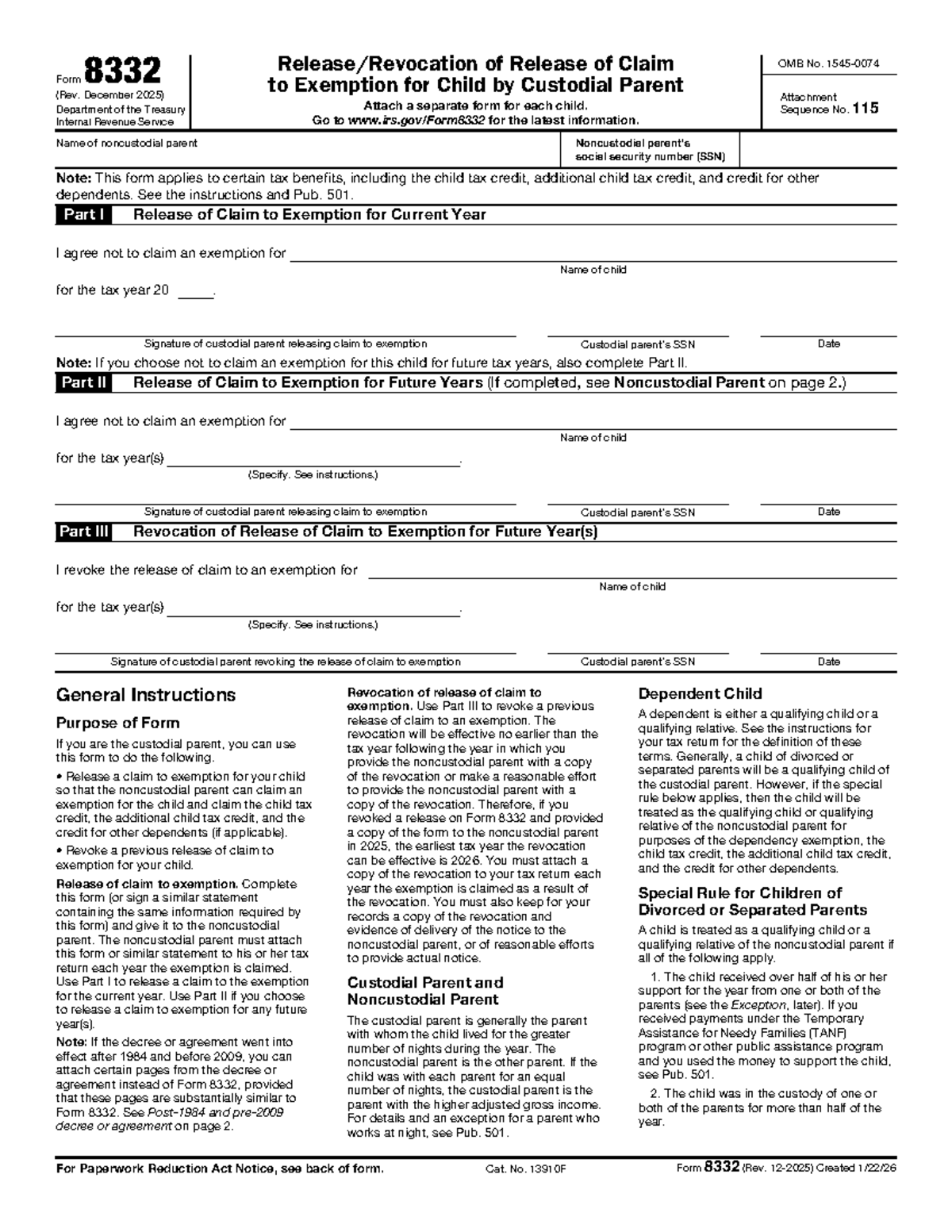 Form 8332: Release of Claim to Exemption for Child (Rev. Dec 2025 ...