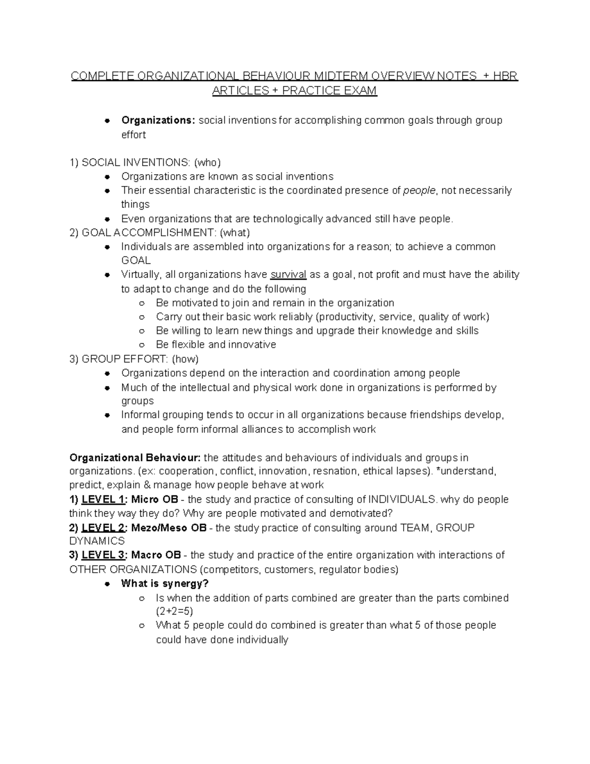 Organizational Behaviour Midterm Study Guide and Notes (OB 101) - Studocu