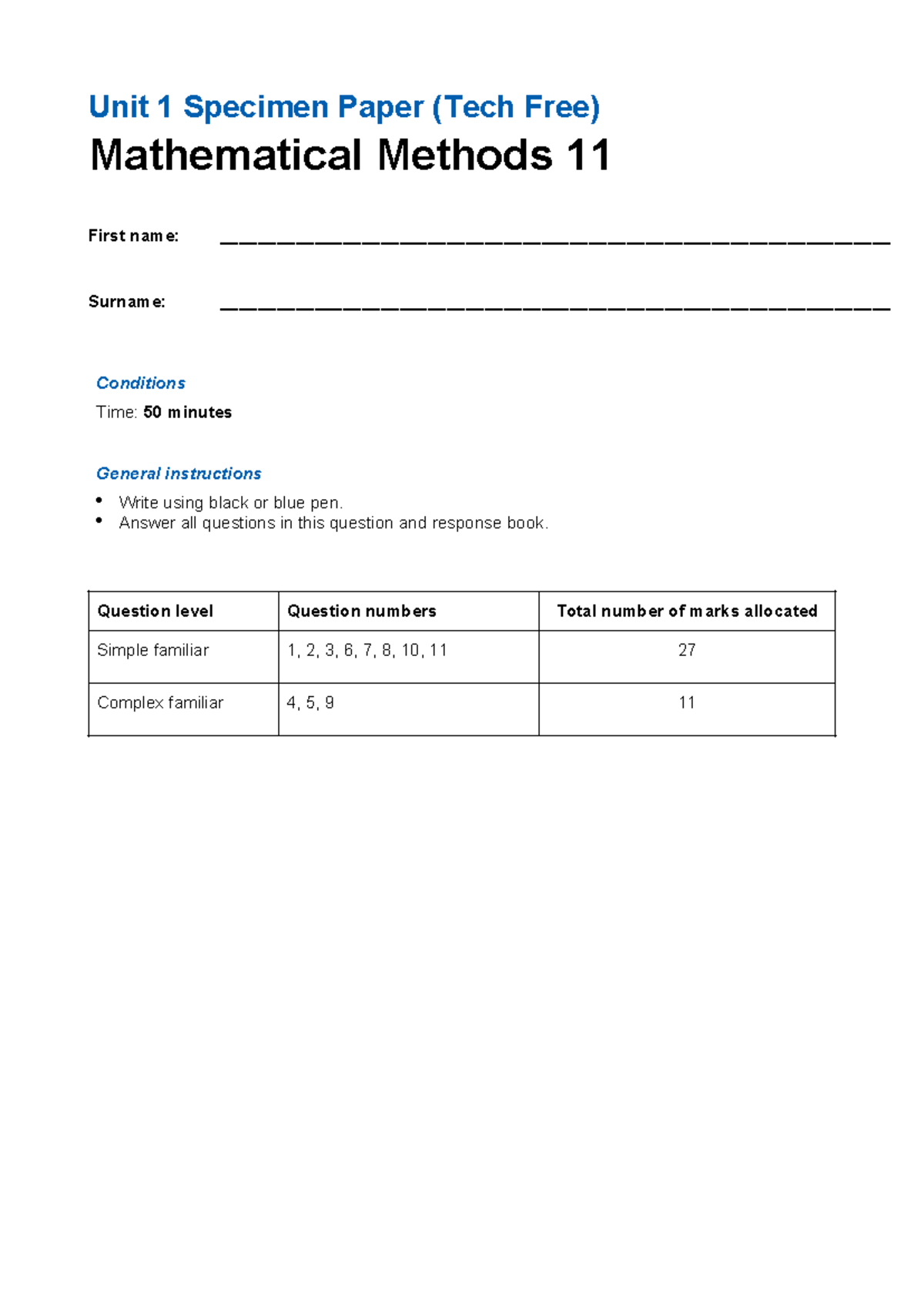 Year 11 Maths Methods Tech Free Unit 1 Specimen Paper 2024 - Studocu