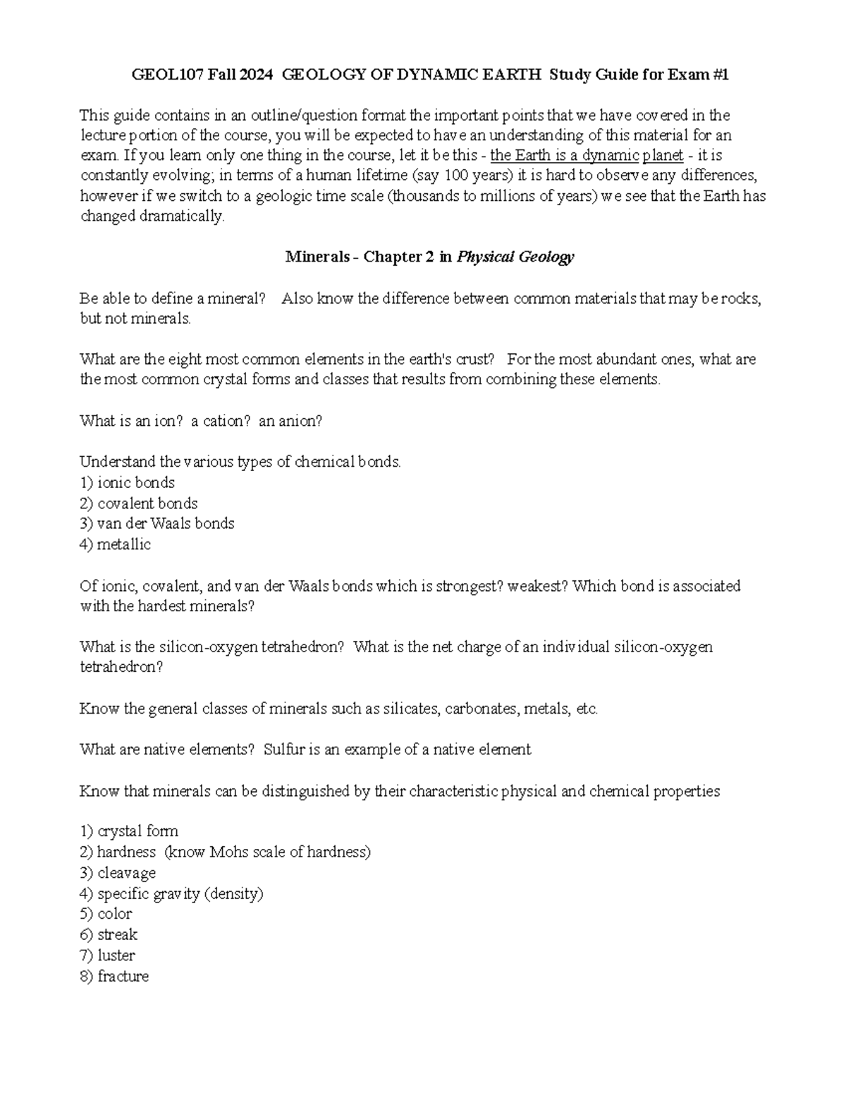 GEOL107 Fall 2024 Exam #1 Study Guide: Dynamic Earth Geology Concepts ...