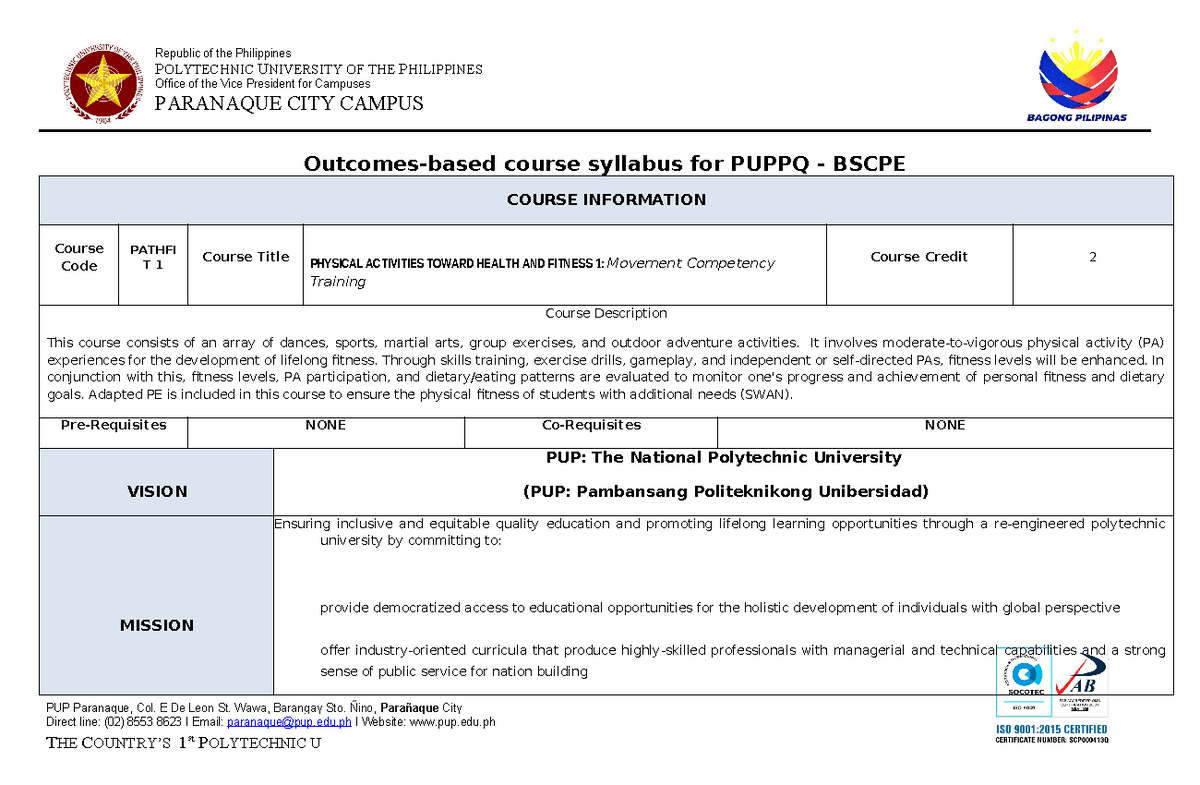Pathfit-1 Syllabus for BSCPE: Physical Activities & Health Fitness - Document Preview