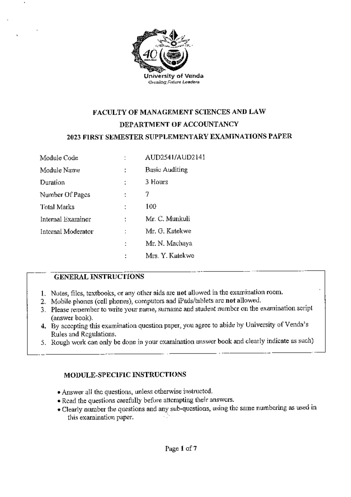 Basic Auditing 2023 Supplementary Exam - Module Code: [Insert Code ...