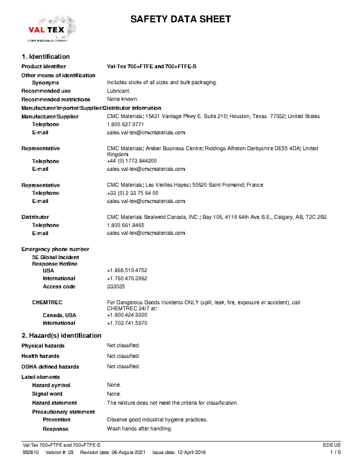 932610 Safety Data Sheet for Val-Tex 700 FTFE and 700 FTFE-S - Studocu