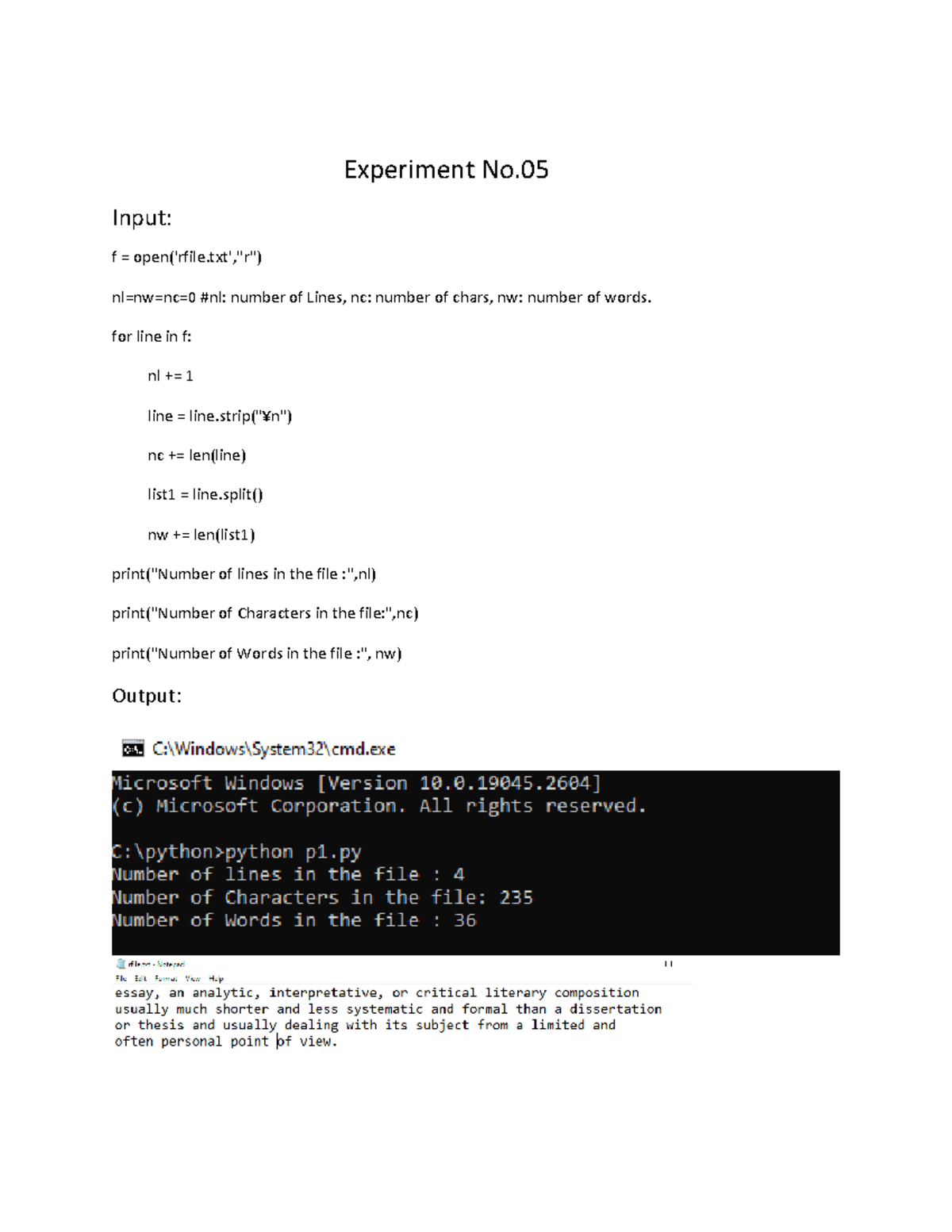 Experiment 05 - Computer Engineering - Experiment No 5 Input: f = open ...