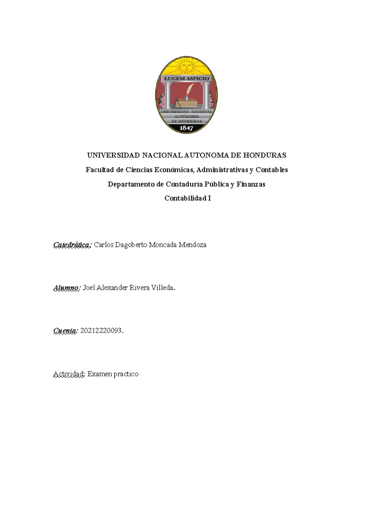 Examen Práctico de Contabilidad I - Joel Rivera (20212220093) - Document Preview