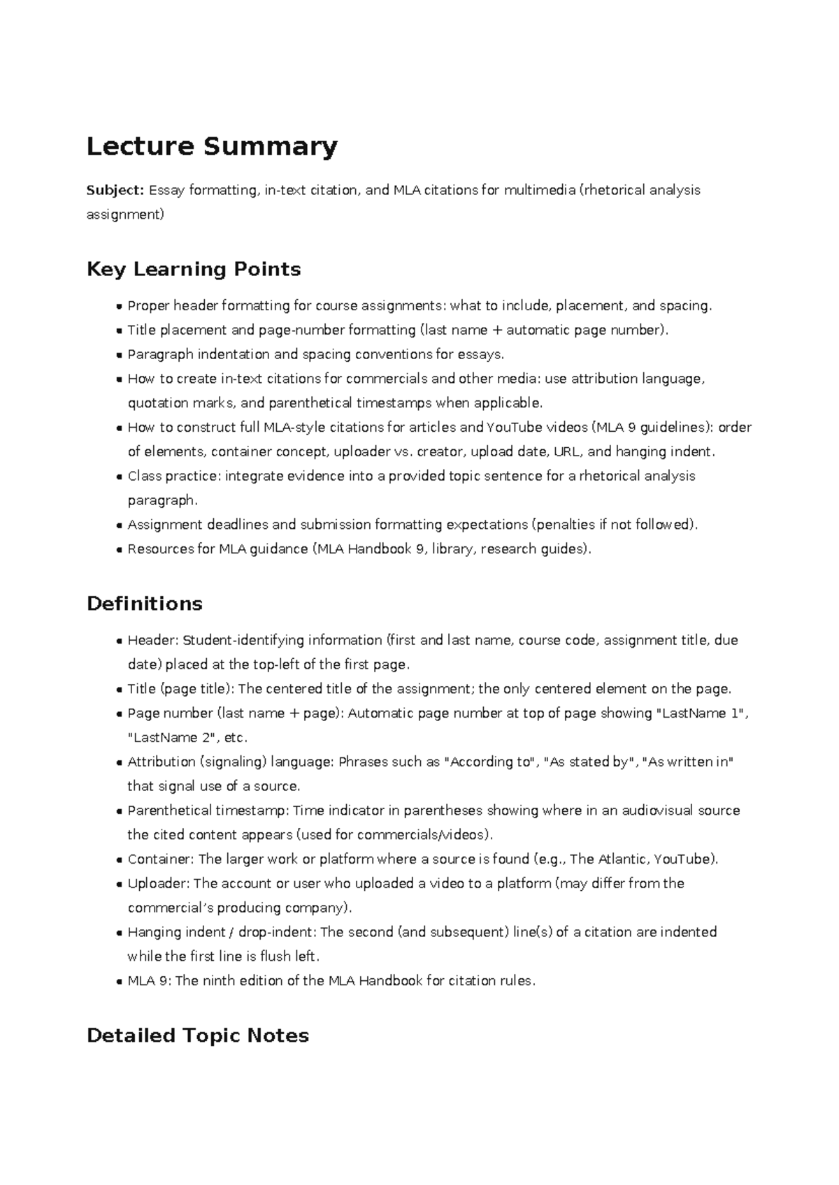 Lecture Summary: MLA Citations for Rhetorical Analysis - Studocu