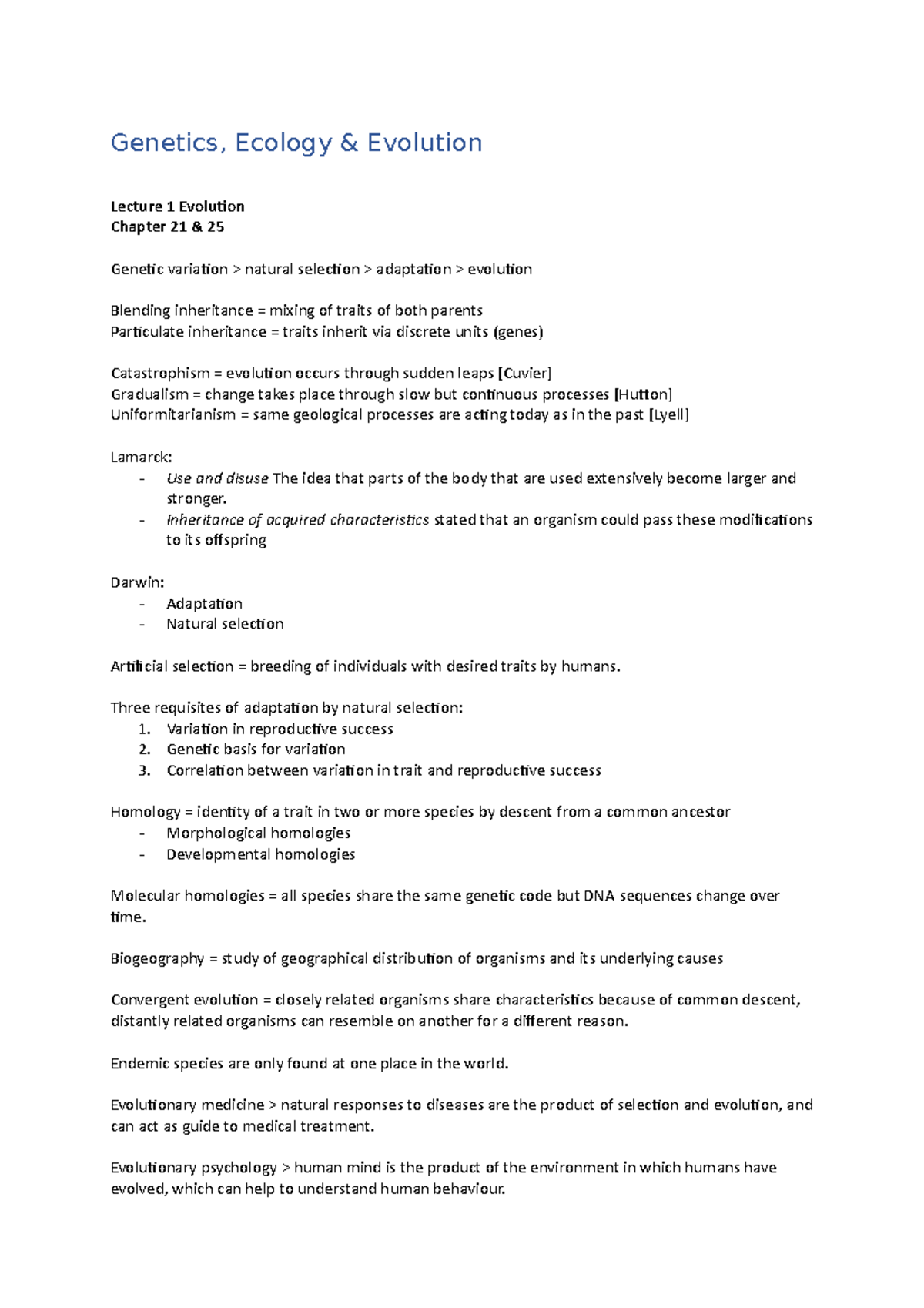 Genetics, Ecology & Evolution: Lecture Notes for BIO 101 Final Exam ...