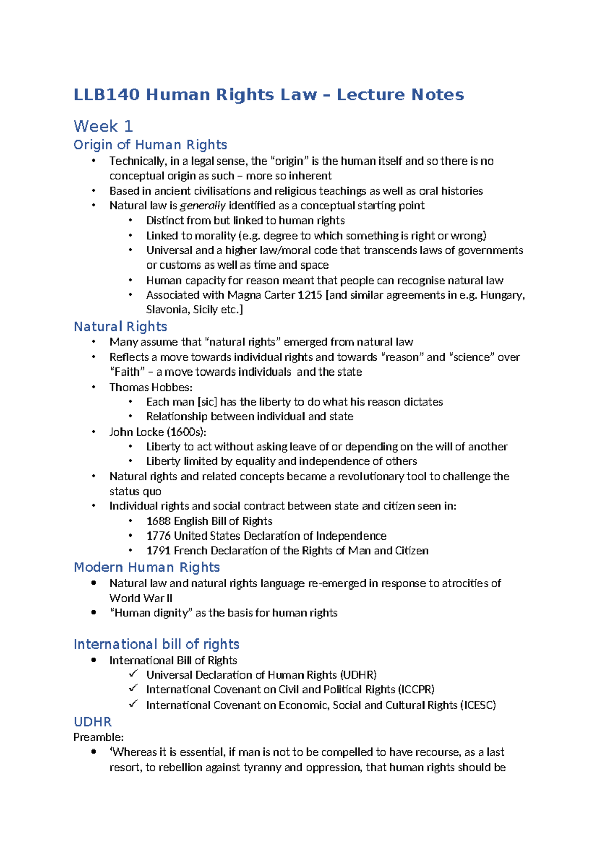 LLB140 Human Rights Law Lecture Notes: Week 1 Overview of Human Rights ...