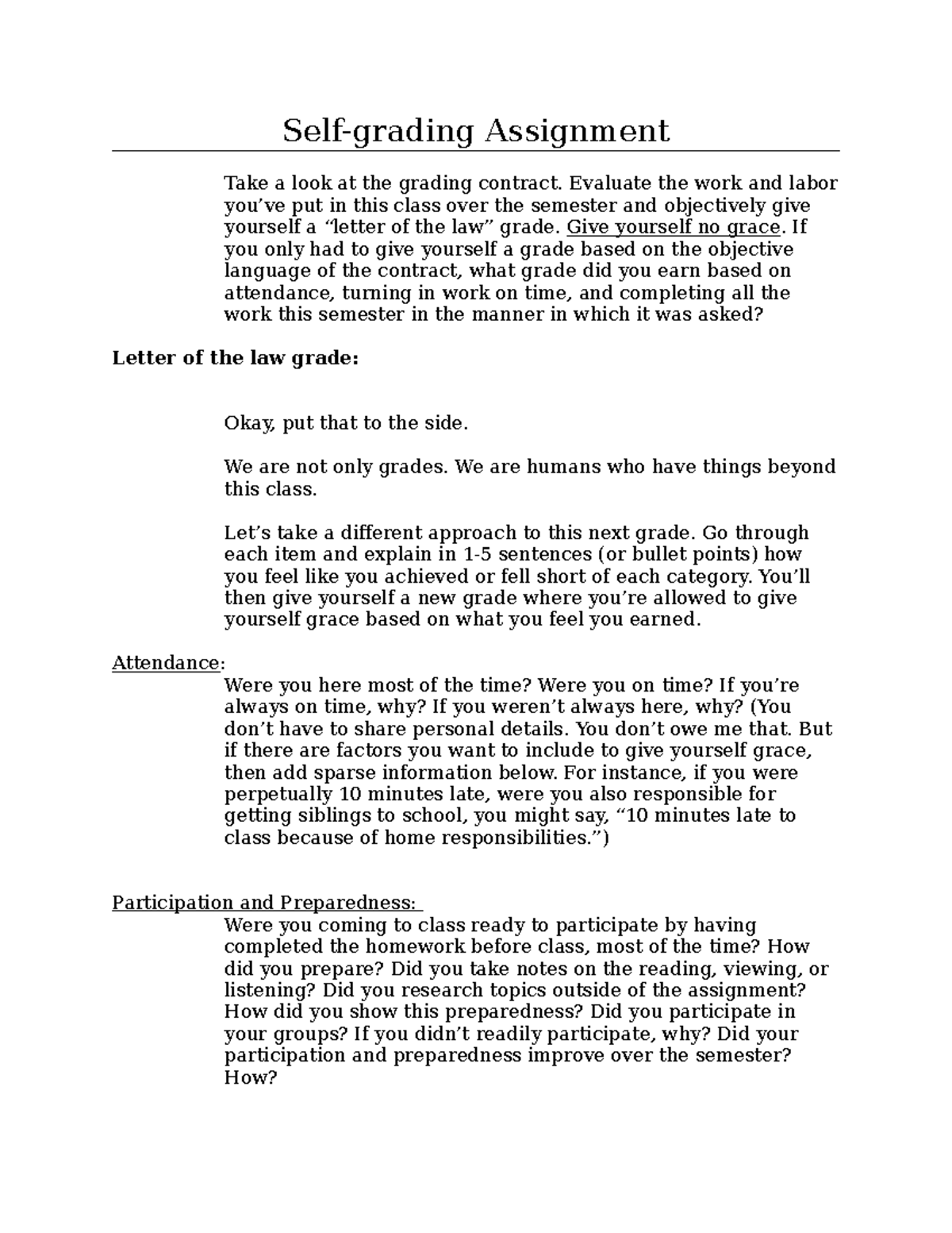 Self-Assessment Assignment: Grading Contract Evaluation - Studocu