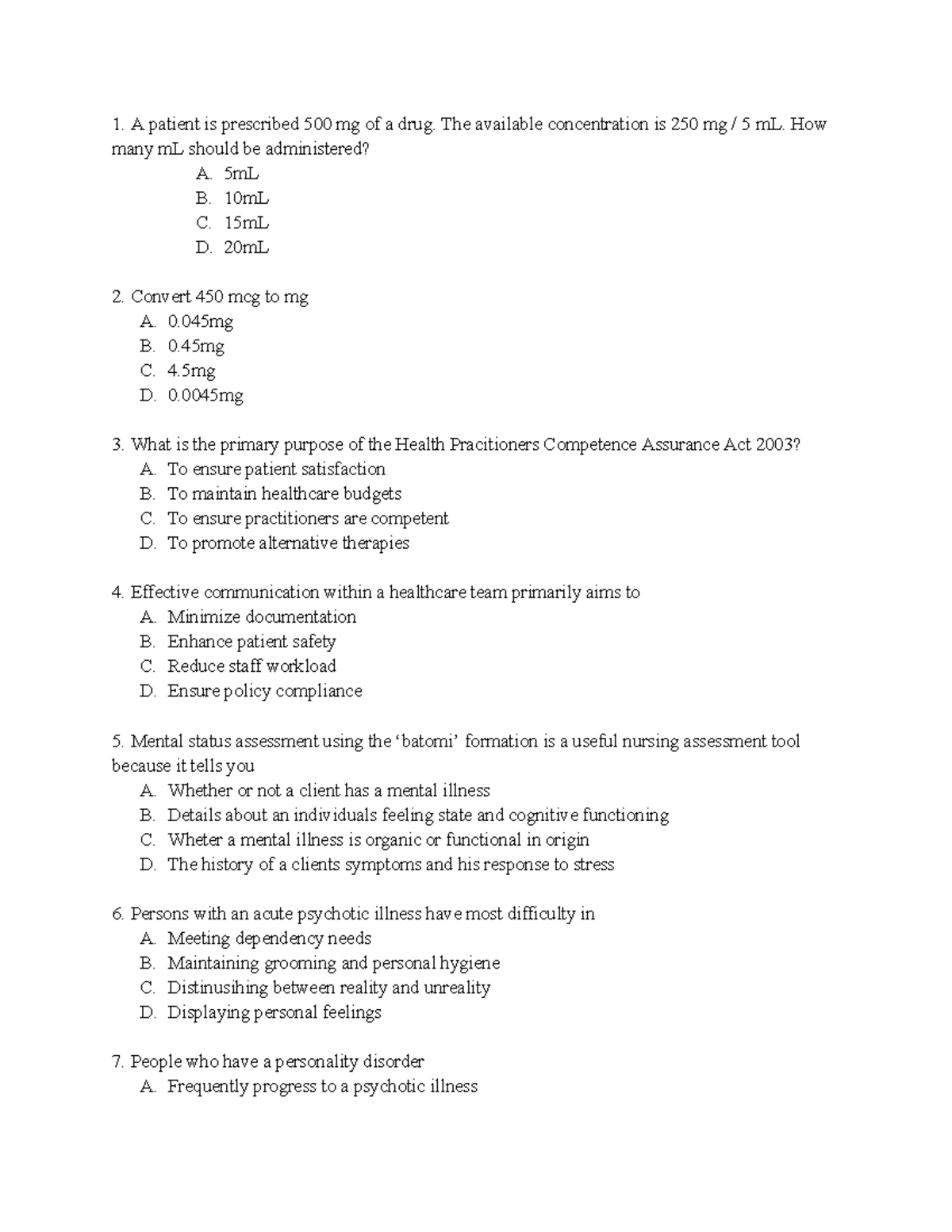 Practice Questions for Nursing Competence Assessment (NUR 101) - Studocu
