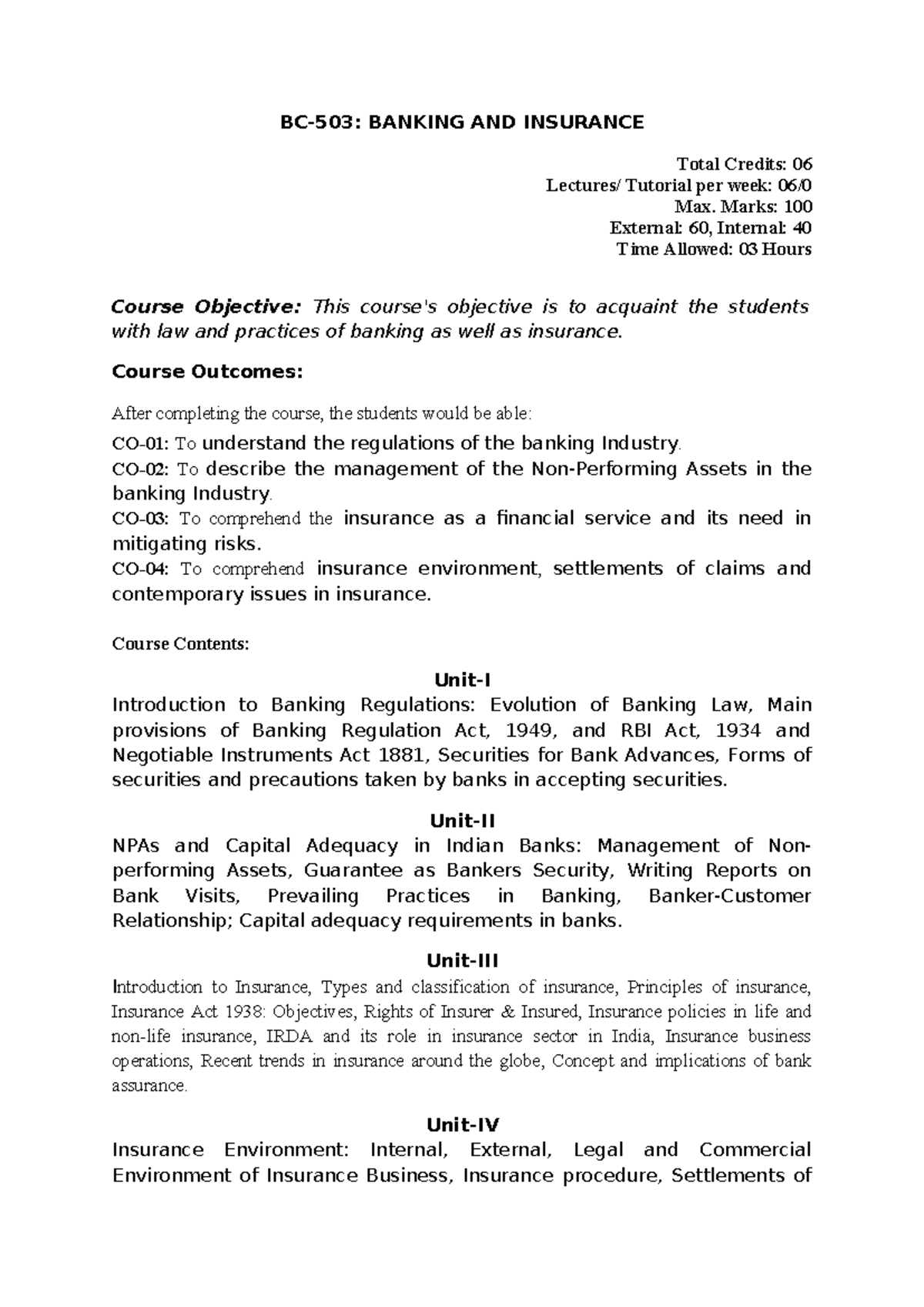 BC 503 - Banking and Insurance Course Syllabus Overview - Studocu