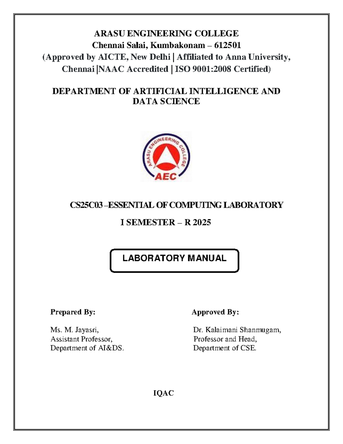 CS25C03 Computing Lab I Semester R 2025 - Laboratory Manual - Studocu