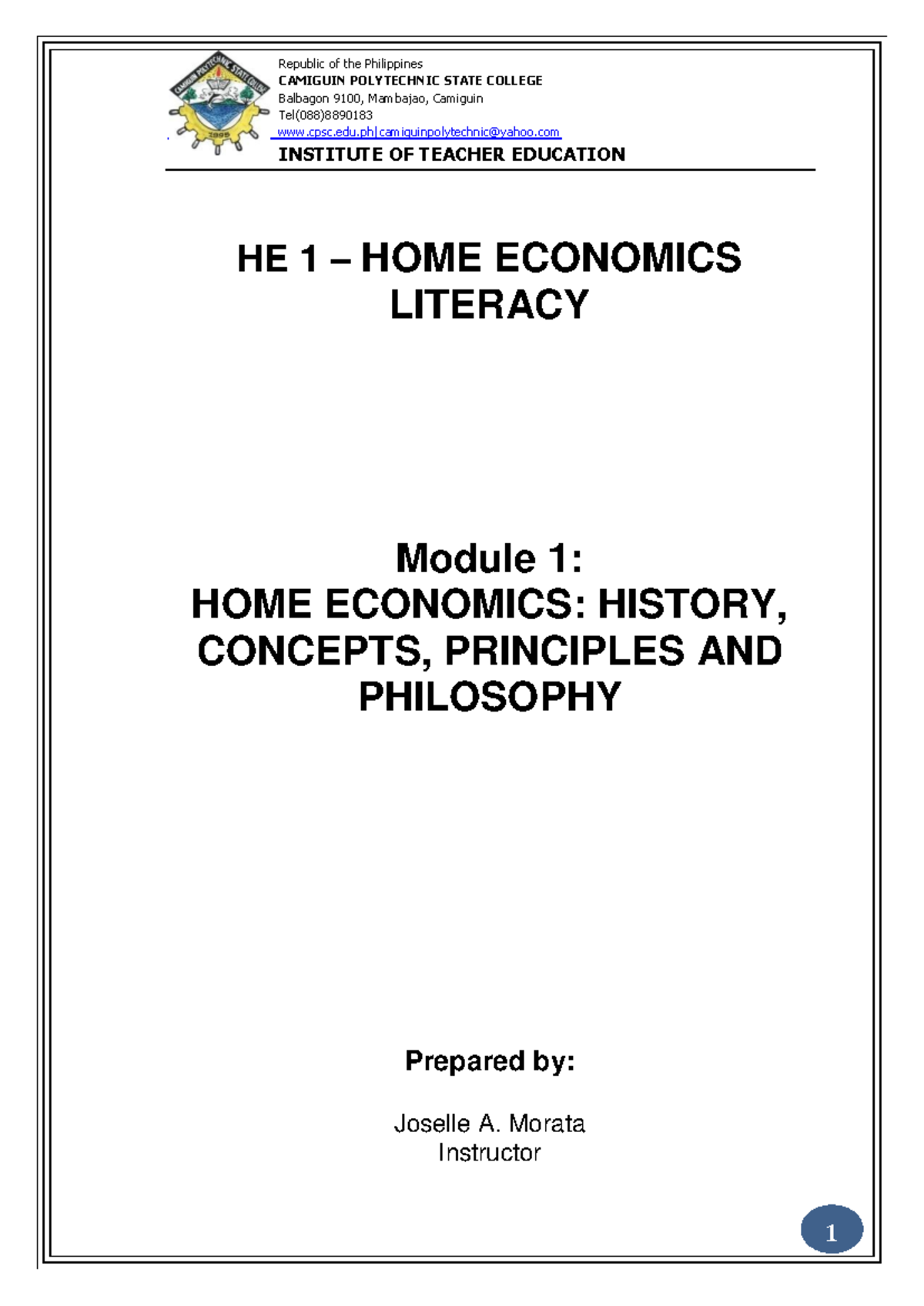 HE 1 Module 1: Home Economics Literacy - History & Concepts - Studocu