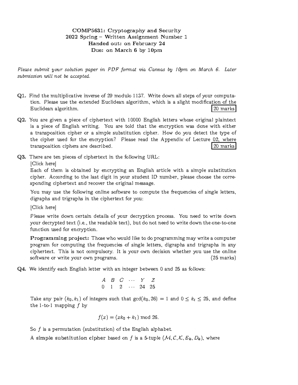 COMP5631: Cryptography & Security Assignment 1 (Spring 2022) - Studocu