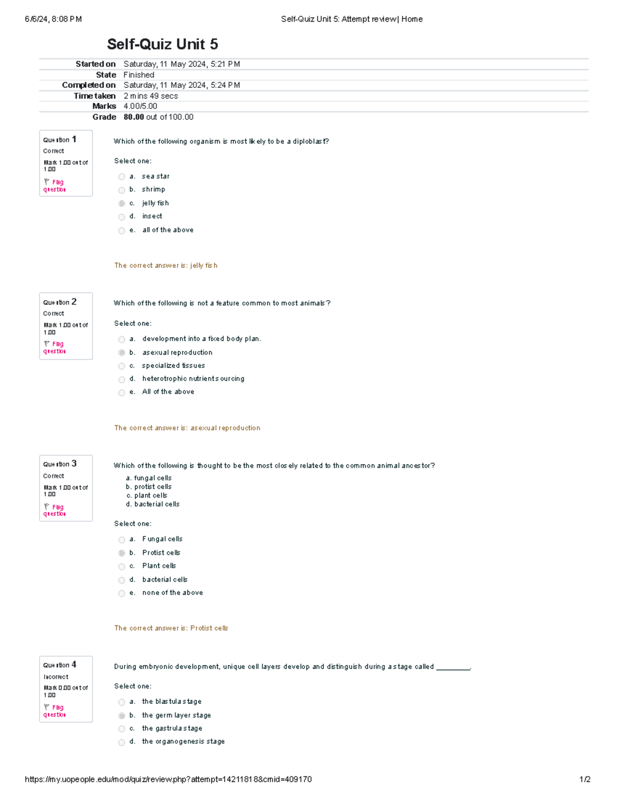 BIOL 1122 2 Self-Quiz Unit 5 Attempt - Question 1 Correct Mark 1 out of ...