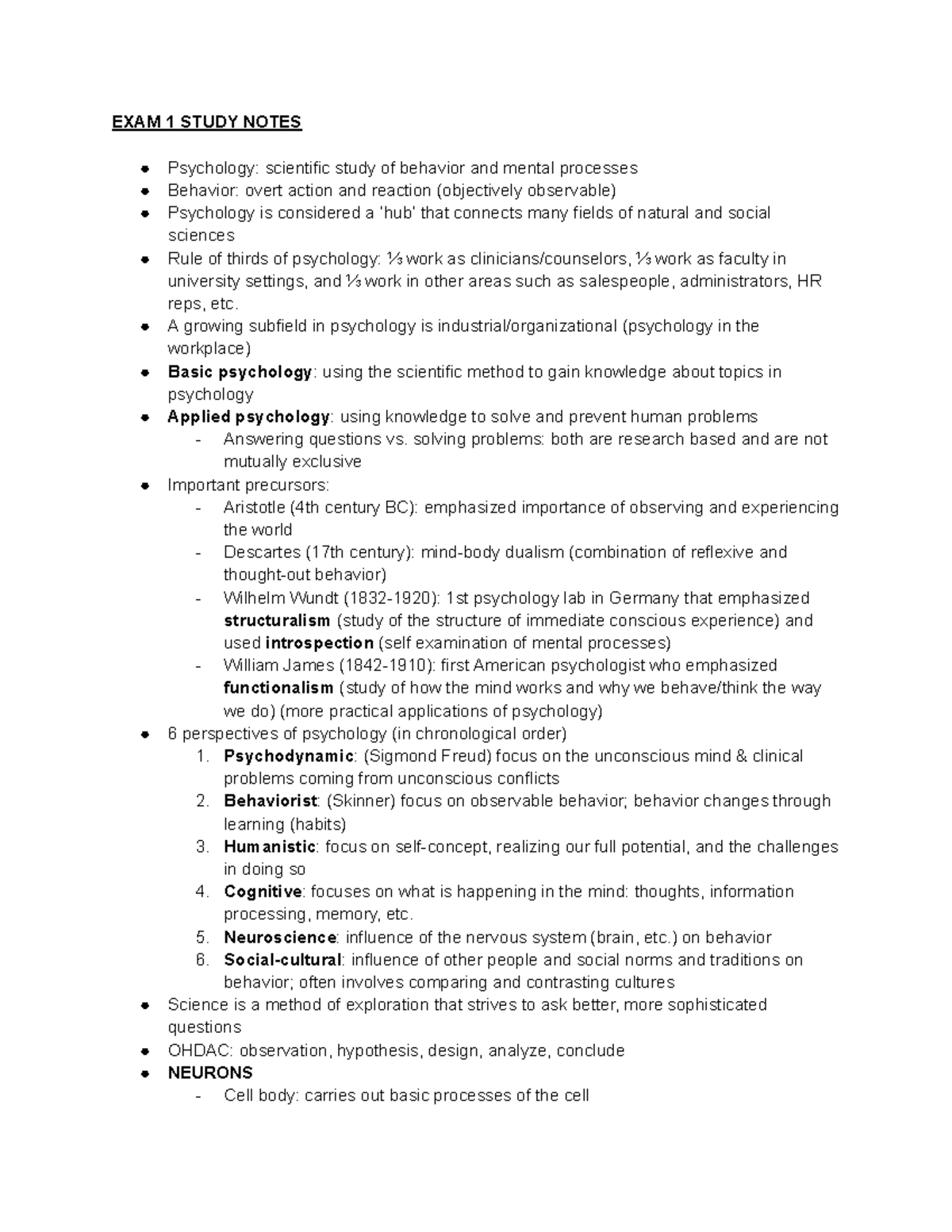 Psych exam 1 - a summary of the lecture slides plus my additional notes ...