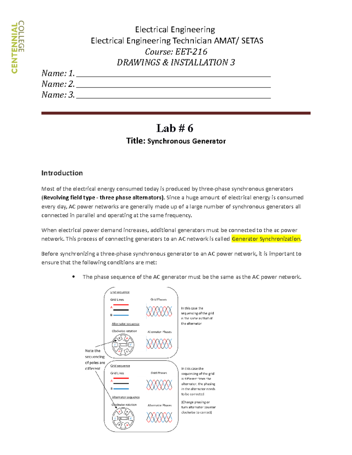 EET-216 W7 Lab #6: Manual Synchronization of a Synchronous Generator ...