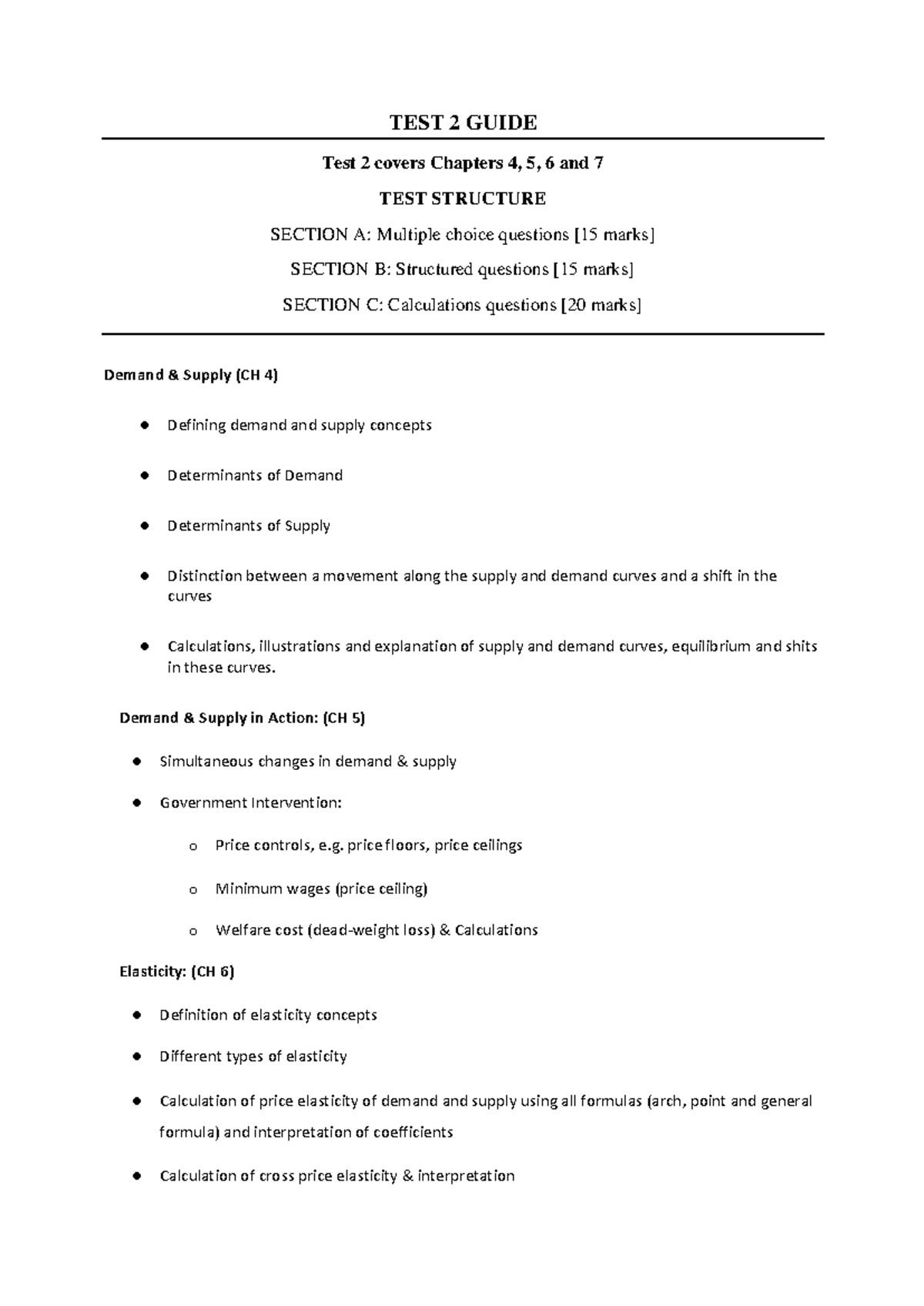 ECON112 TEST 2 Guide: Demand & Supply Concepts and Elasticity - Studocu