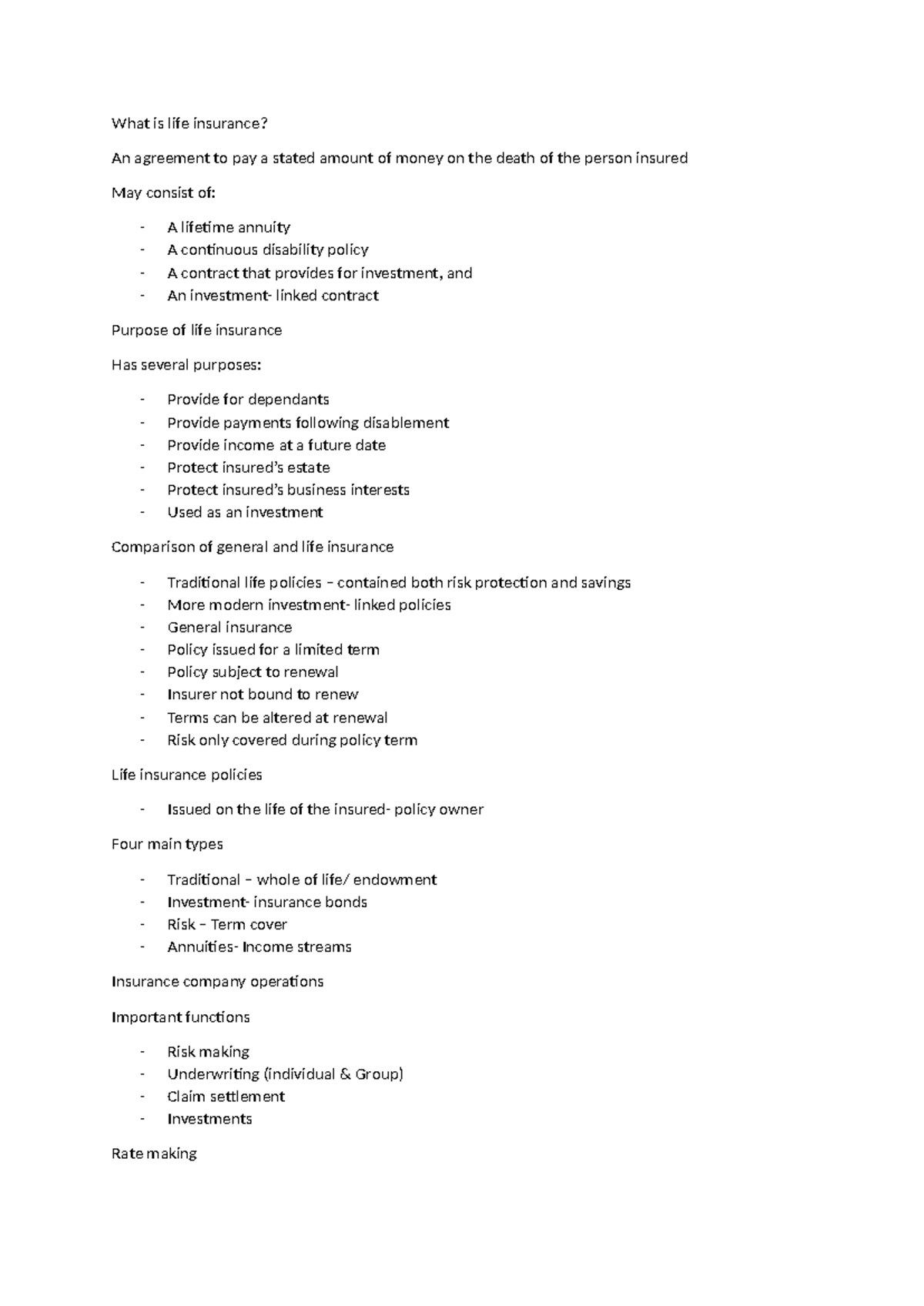 Life Insurance Overview: Types, Purposes, and Key Concepts - Studocu