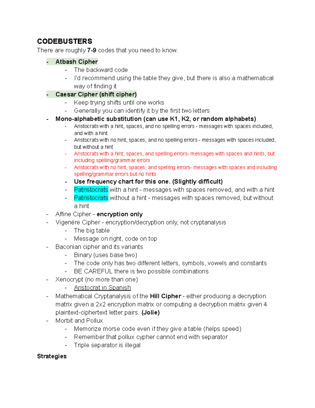 Codebusters TIPS - Essential Cipher Techniques and Strategies - Studocu