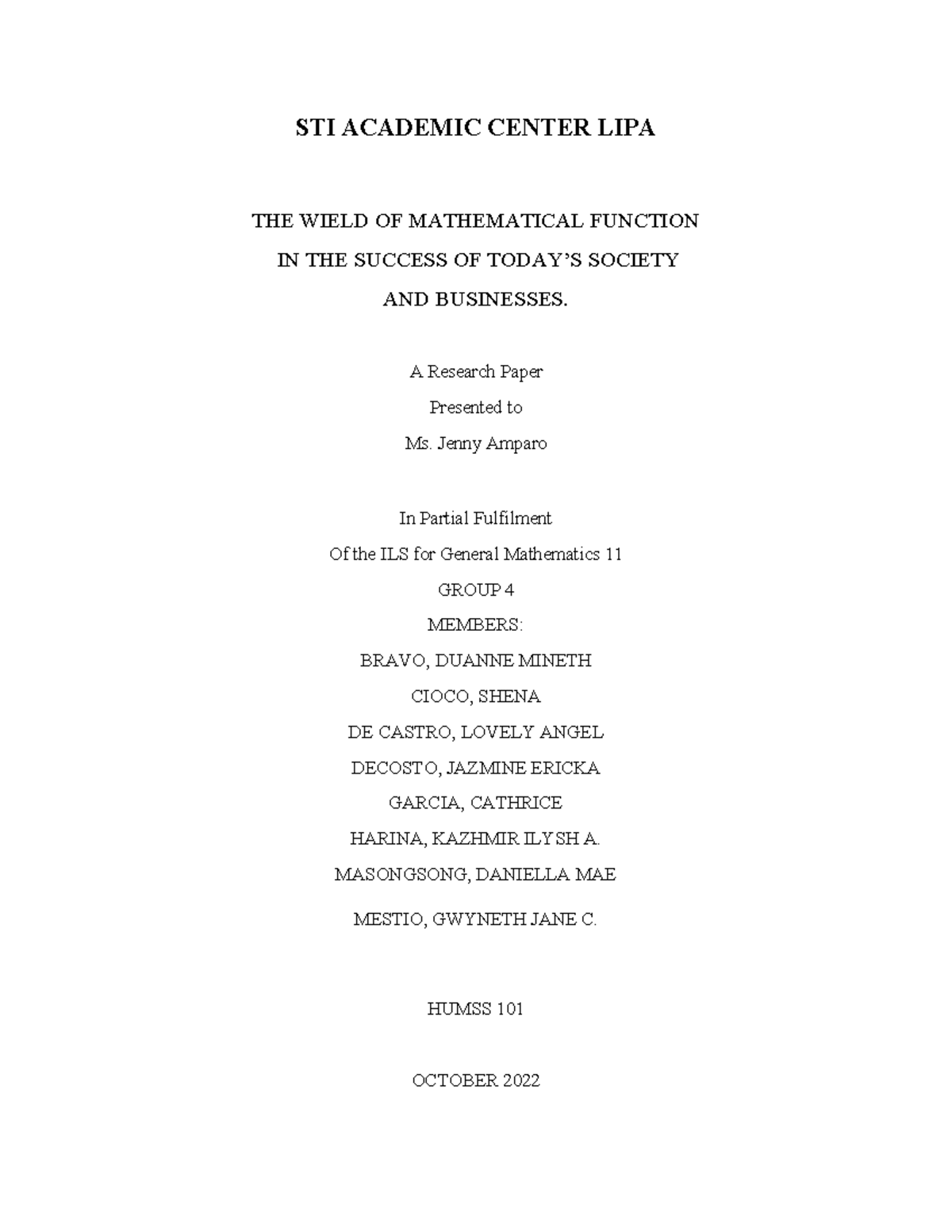 MATH RESEARCH FOR HUMSS - STI ACADEMIC CENTER LIPA THE WIELD OF ...