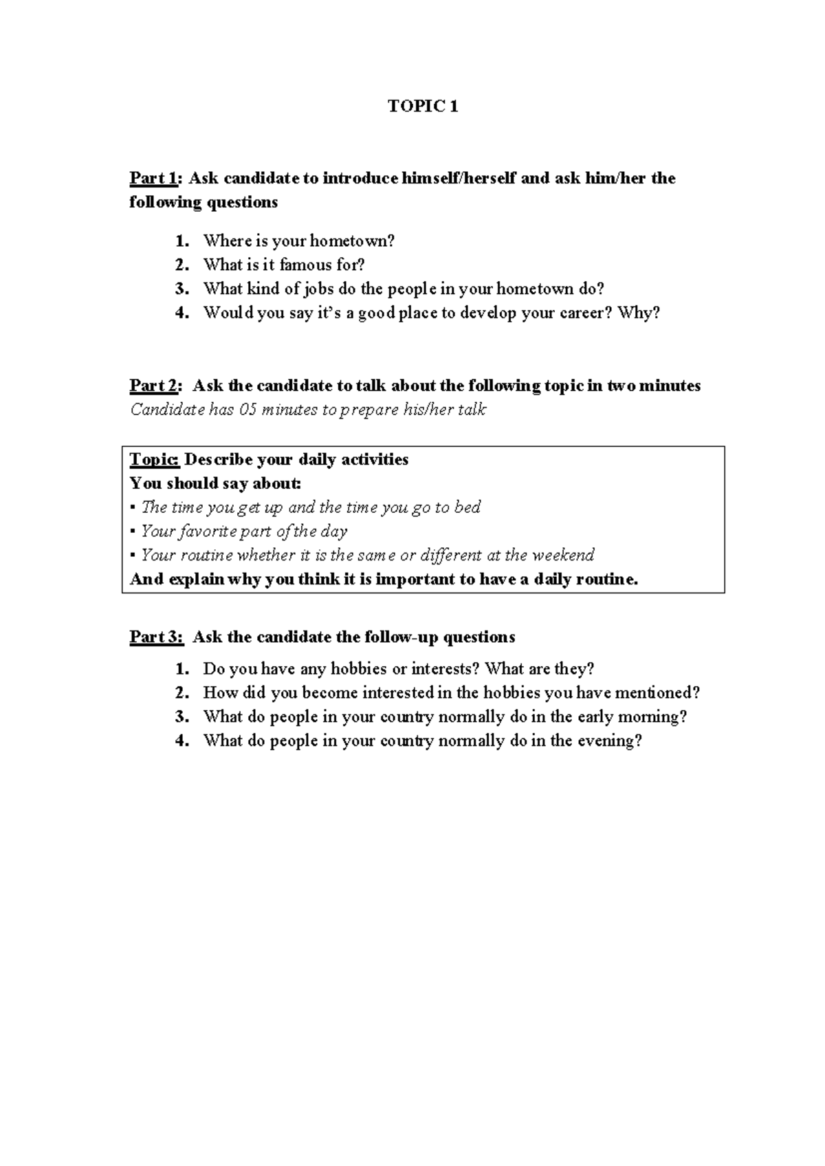 ENG 101: Speaking Topics and Questions for Candidate Interviews - Studocu