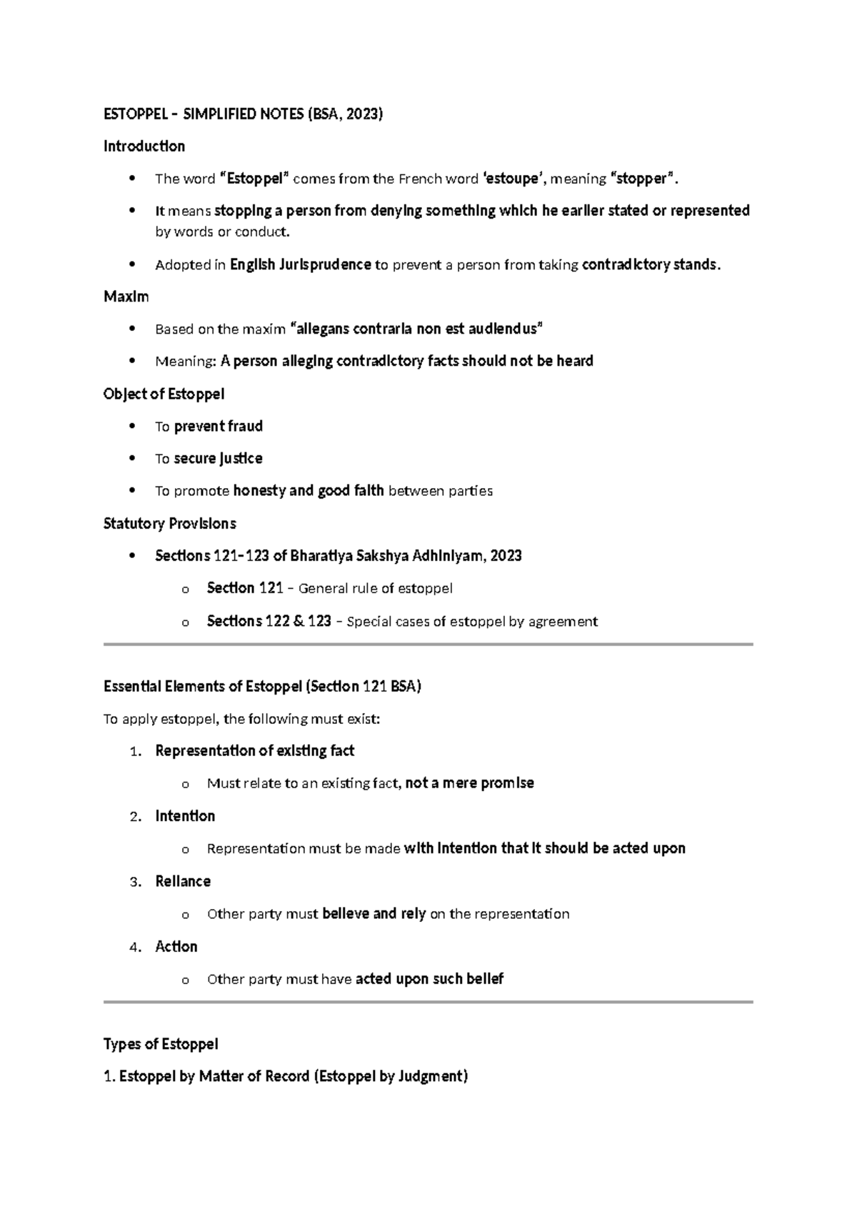 Estoppel Simplified Notes (BSA, 2023) - Key Concepts and Cases - Studocu
